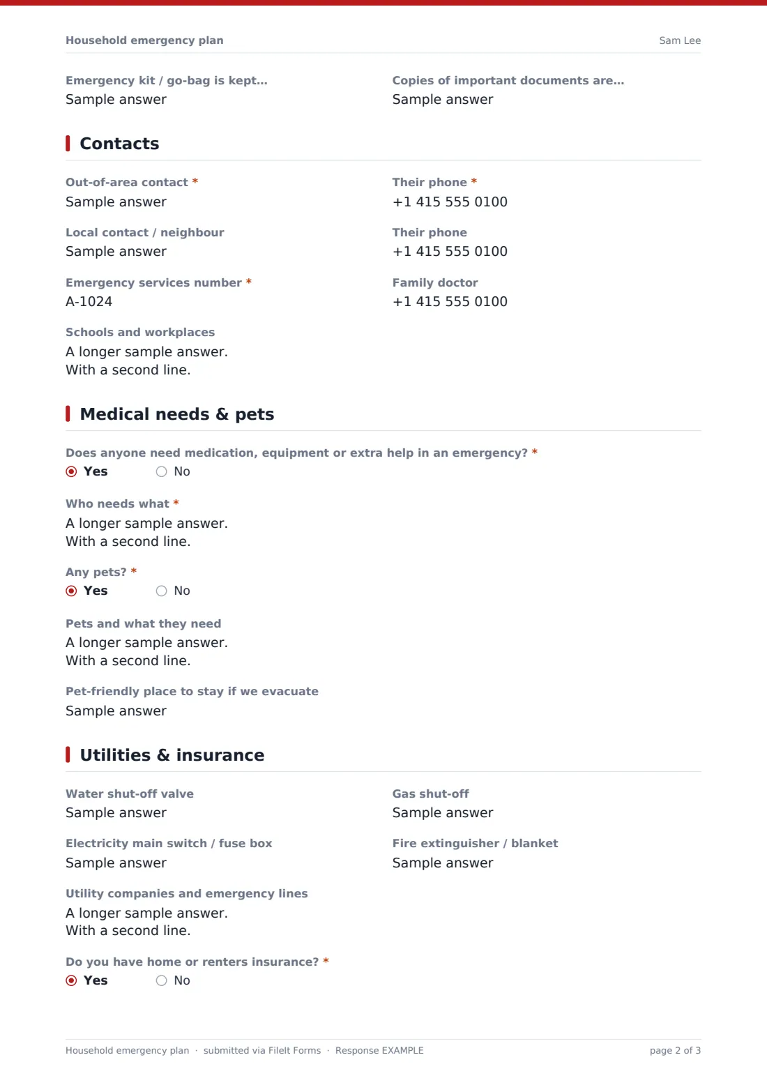 Household emergency plan — example response PDF, page 2 of 3