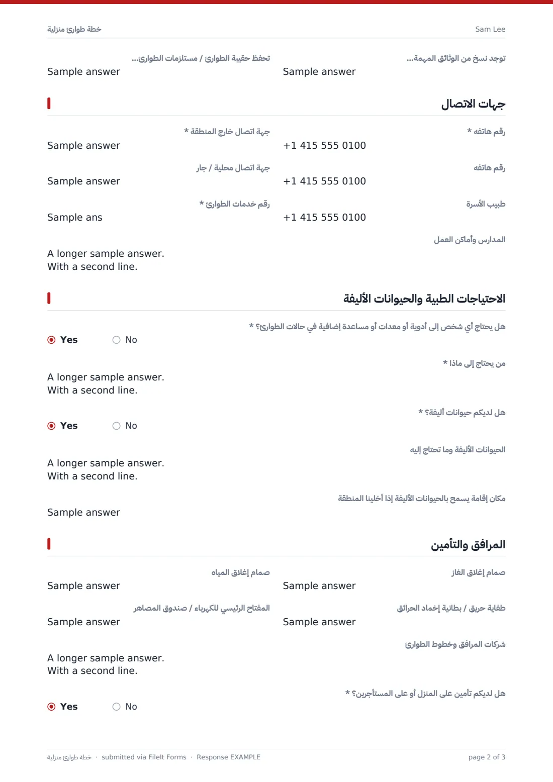 خطة طوارئ منزلية — ملف PDF لرد نموذجي، الصفحة 2 من 3