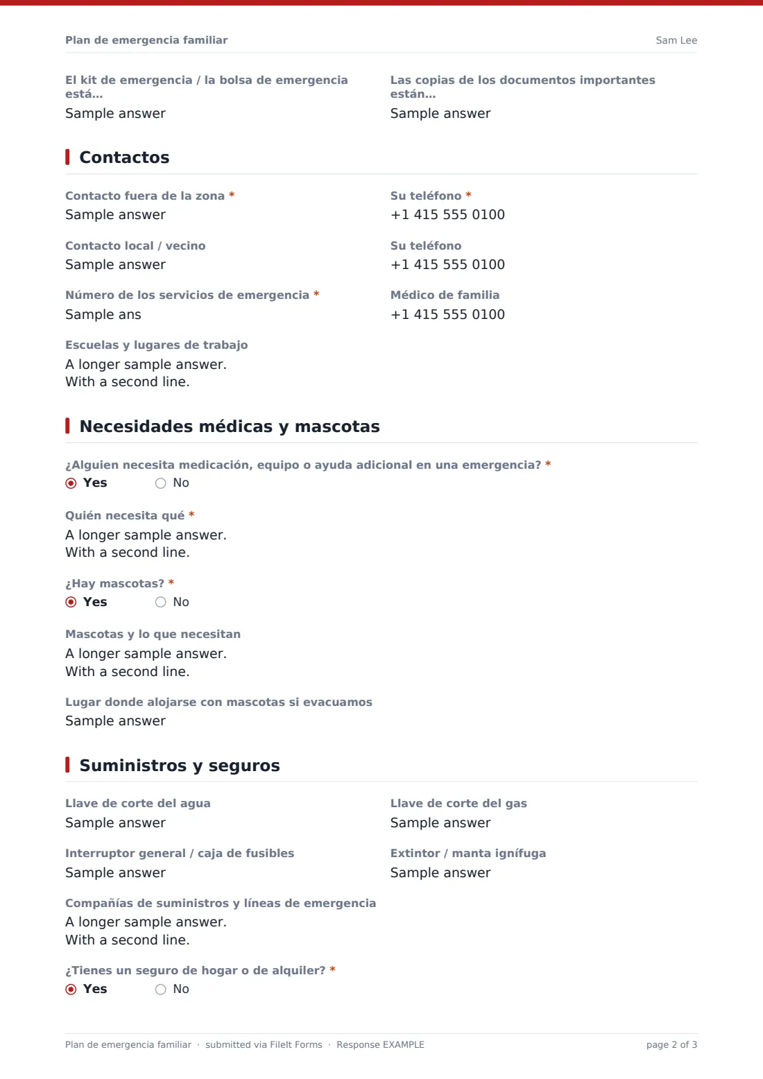 Plan de emergencia familiar — PDF de respuesta de ejemplo, página 2 de 3