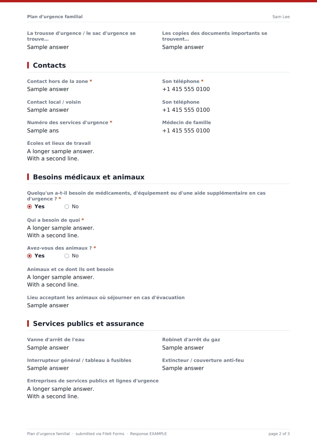 Plan d’urgence familial — exemple de réponse au format PDF, page 2 sur 3
