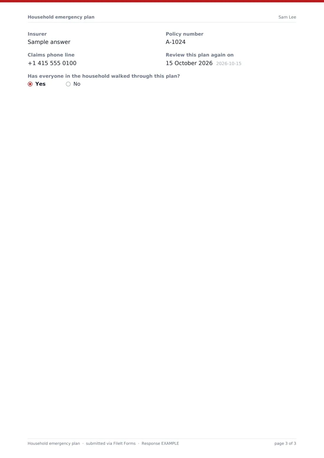 Household emergency plan — example response PDF, page 3 of 3