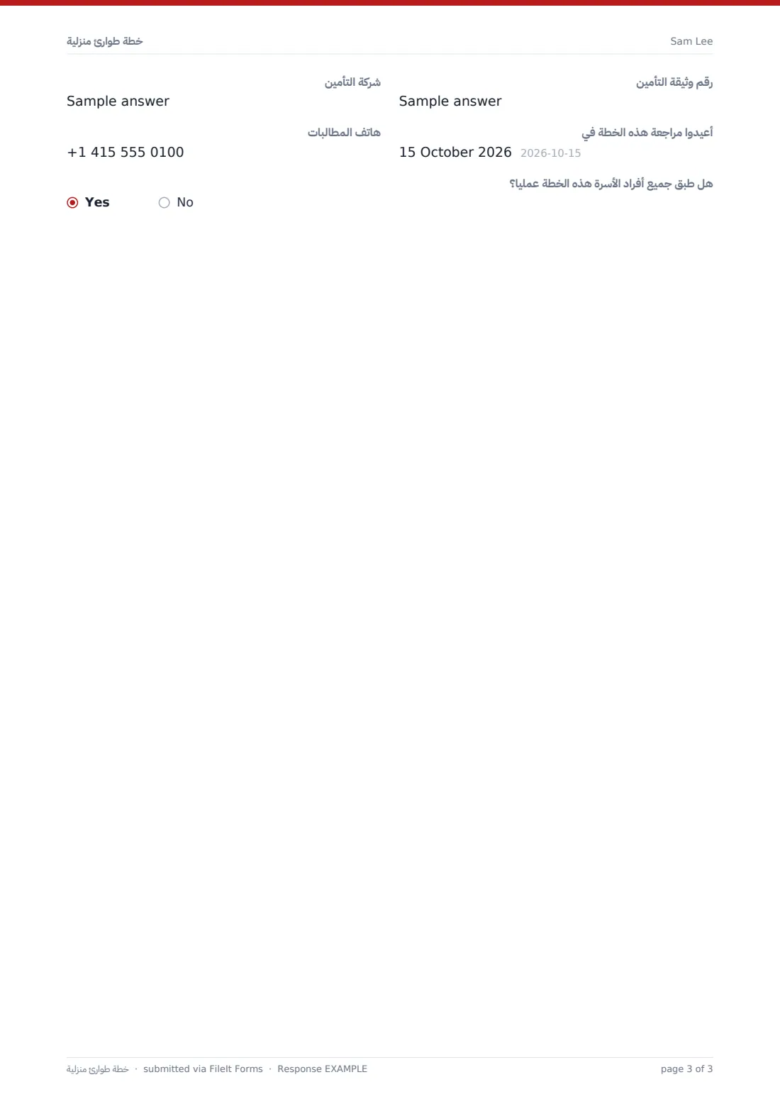 خطة طوارئ منزلية — ملف PDF لرد نموذجي، الصفحة 3 من 3