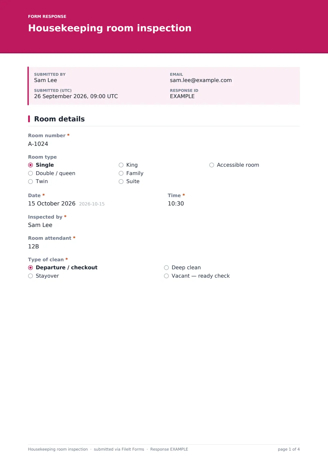 Housekeeping room inspection — example response PDF, page 1 of 4