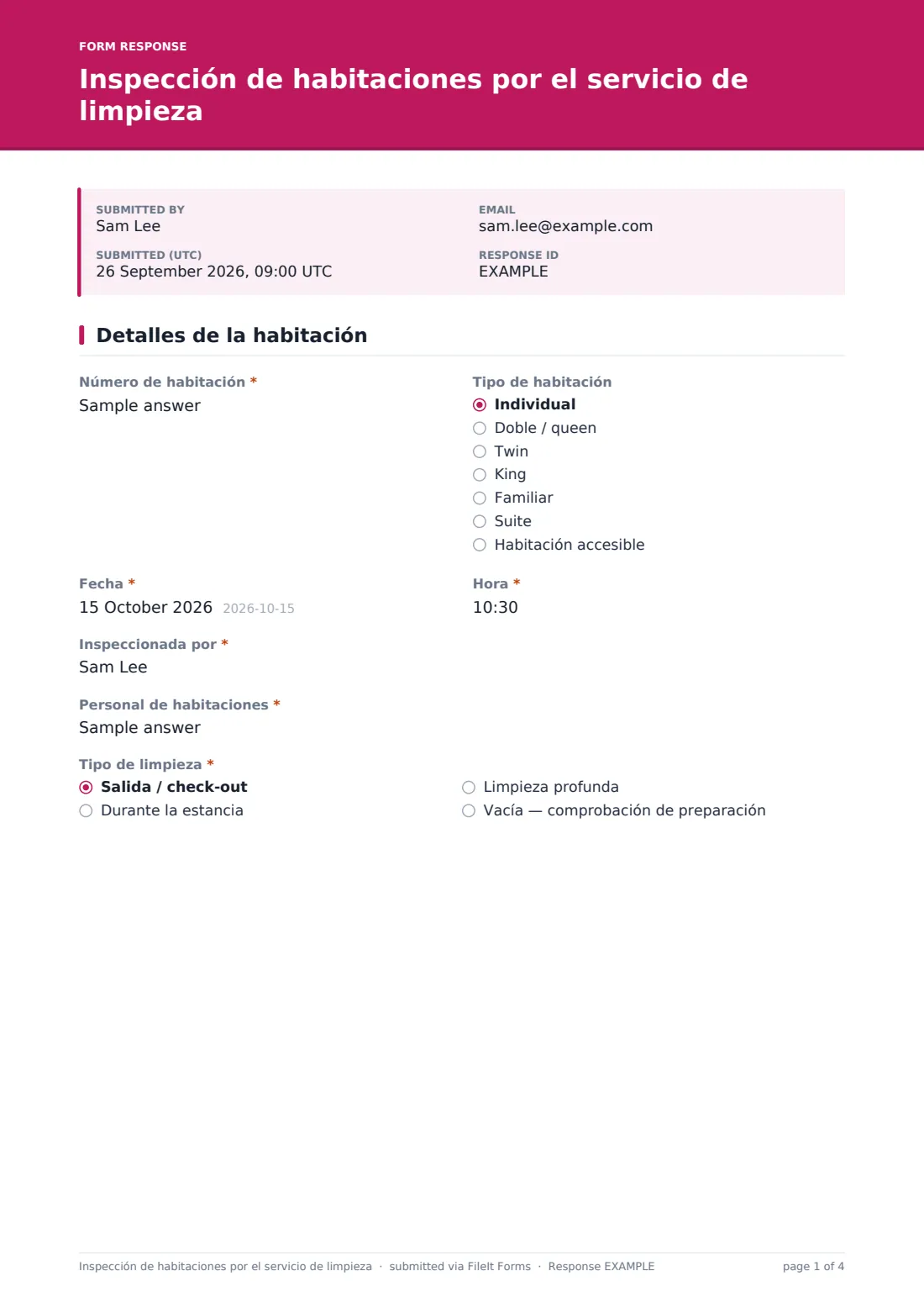 Inspección de habitaciones por el servicio de limpieza — PDF de respuesta de ejemplo, página 1 de 4
