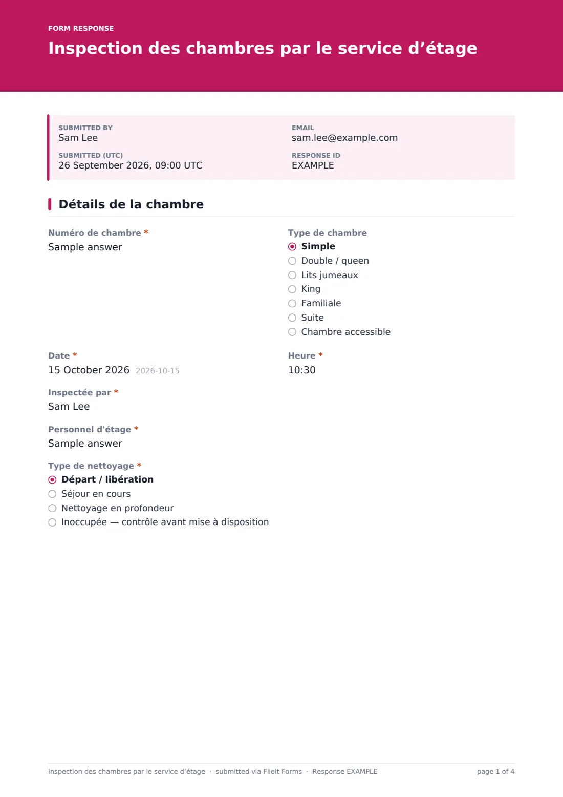 Inspection des chambres par le service d’étage — exemple de réponse au format PDF, page 1 sur 4