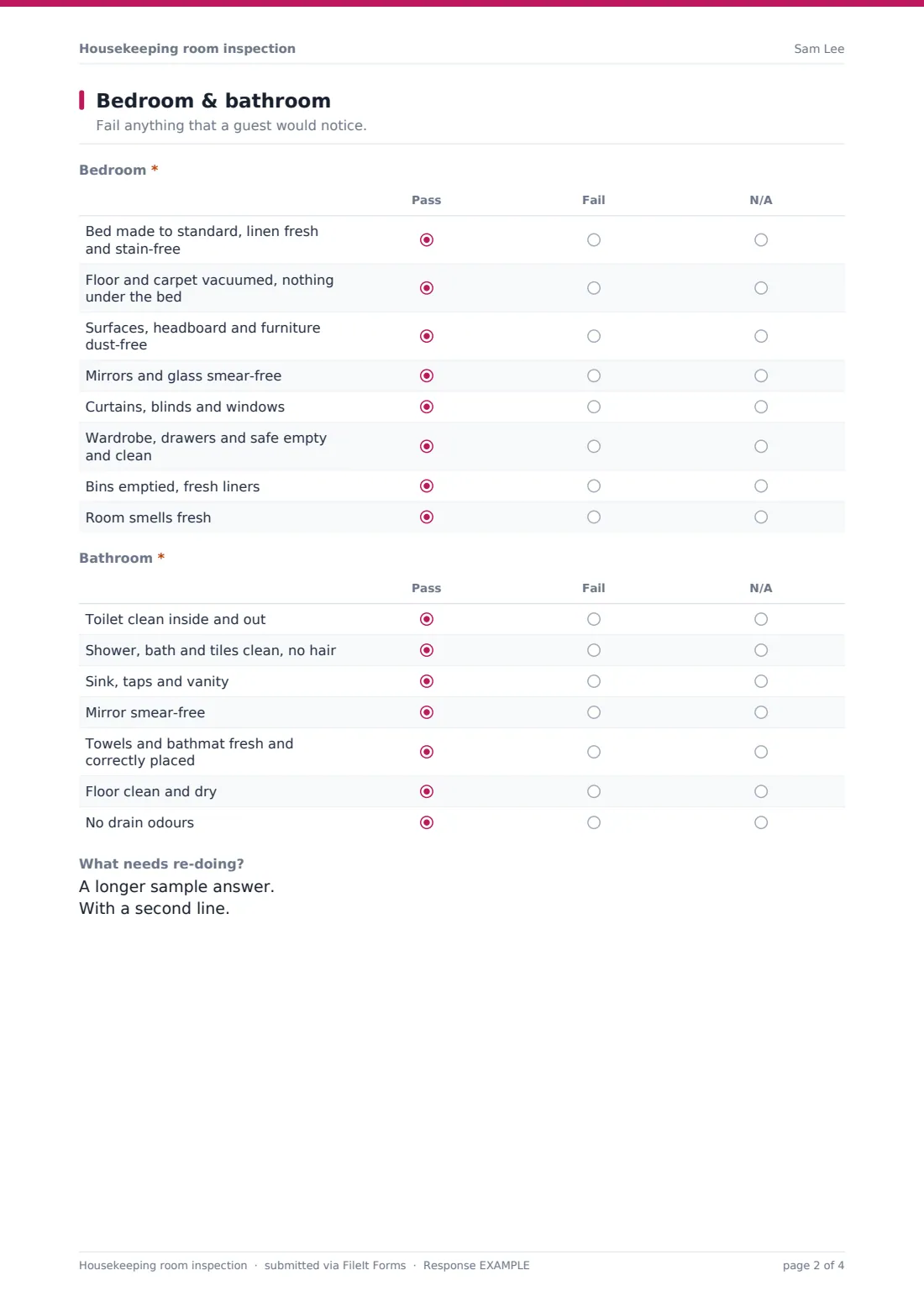 Housekeeping room inspection — example response PDF, page 2 of 4