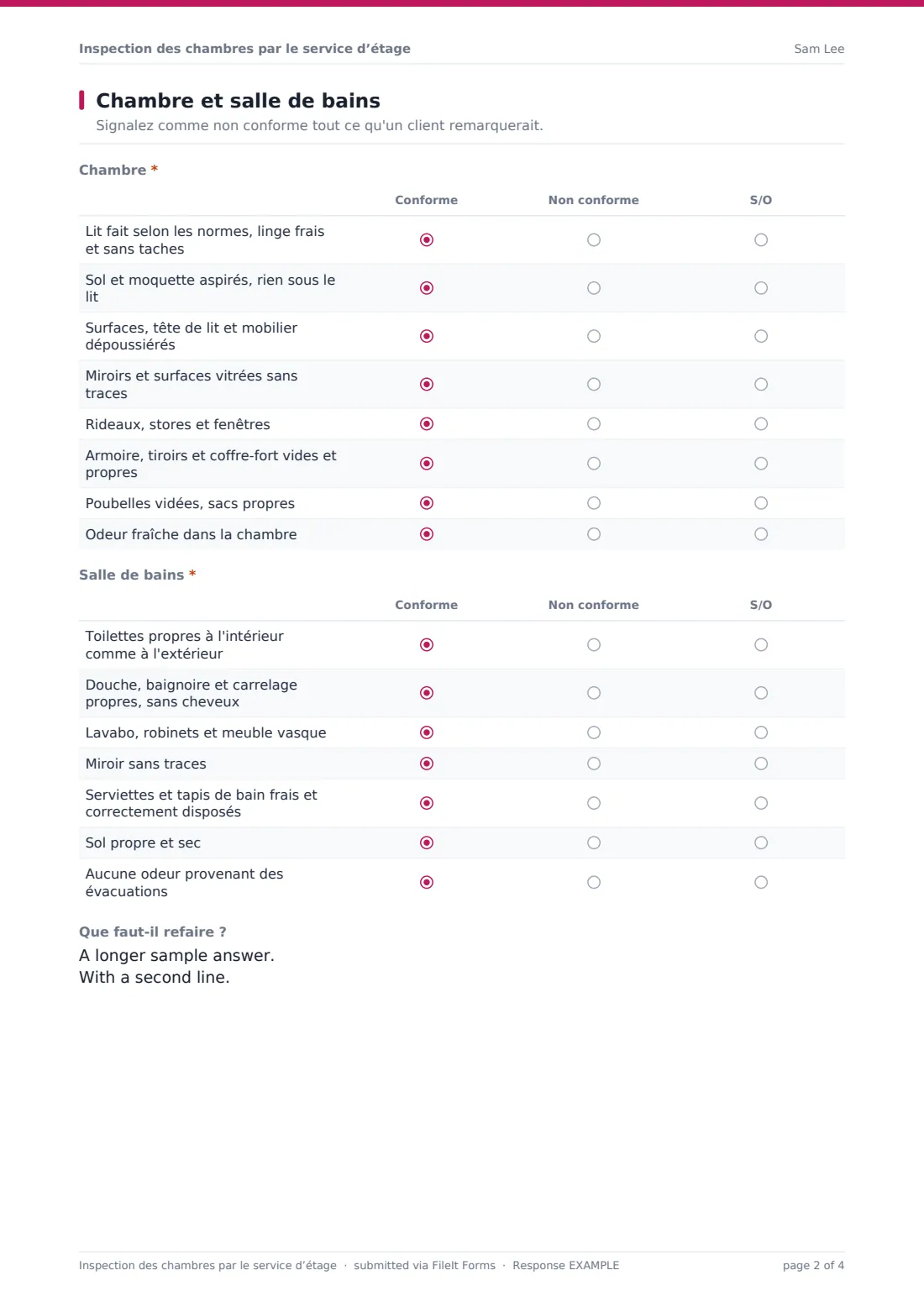 Inspection des chambres par le service d’étage — exemple de réponse au format PDF, page 2 sur 4