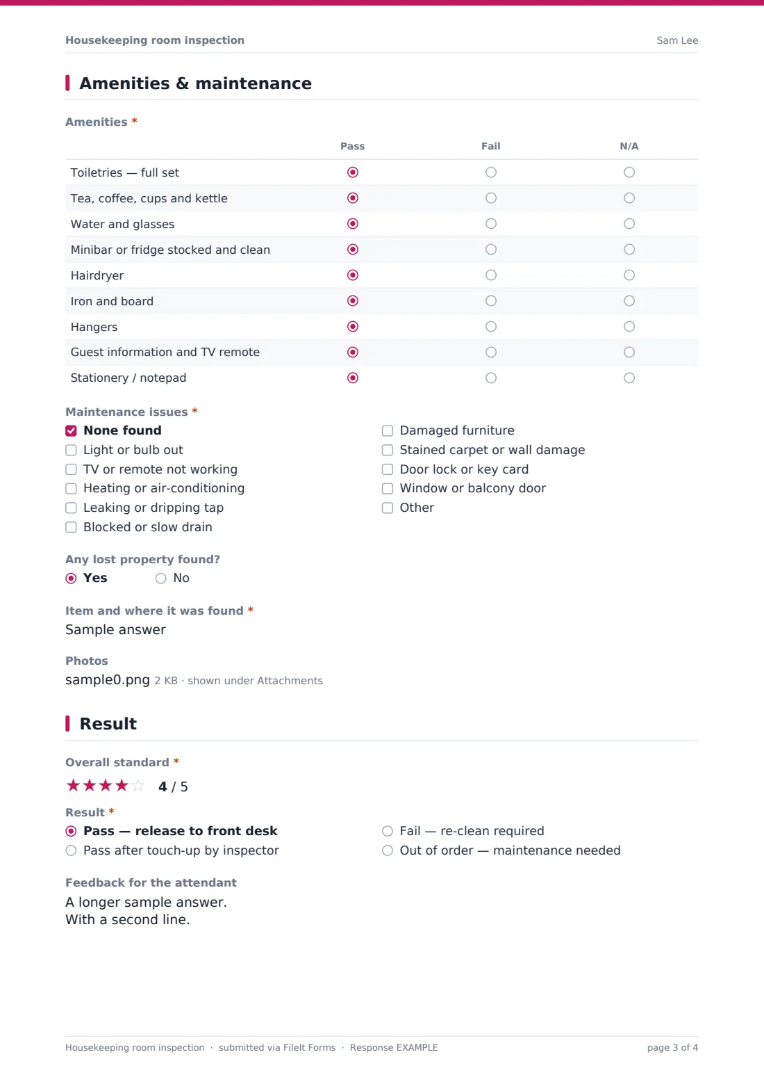Housekeeping room inspection — example response PDF, page 3 of 4