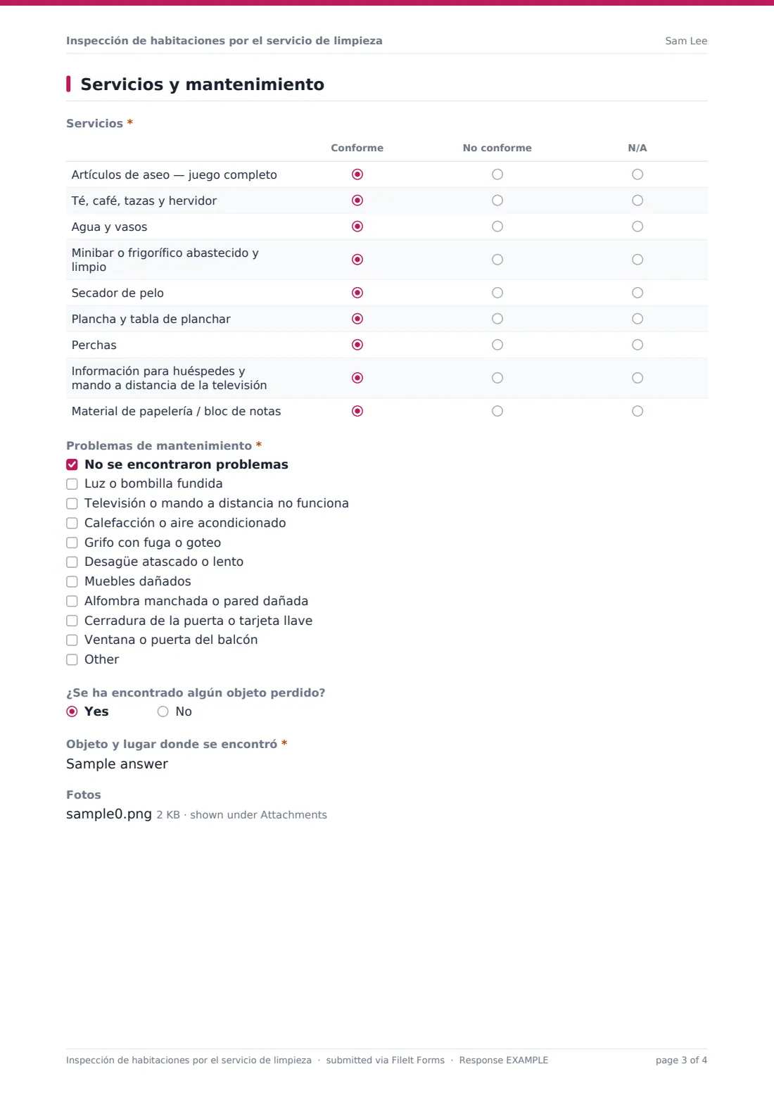Inspección de habitaciones por el servicio de limpieza — PDF de respuesta de ejemplo, página 3 de 4