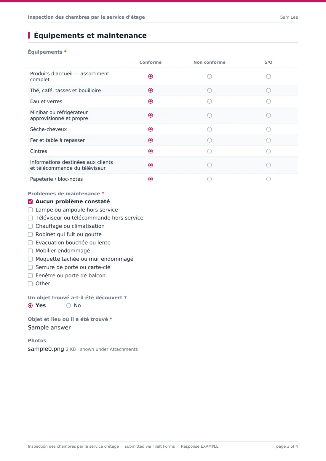 Inspection des chambres par le service d’étage — exemple de réponse au format PDF, page 3 sur 4