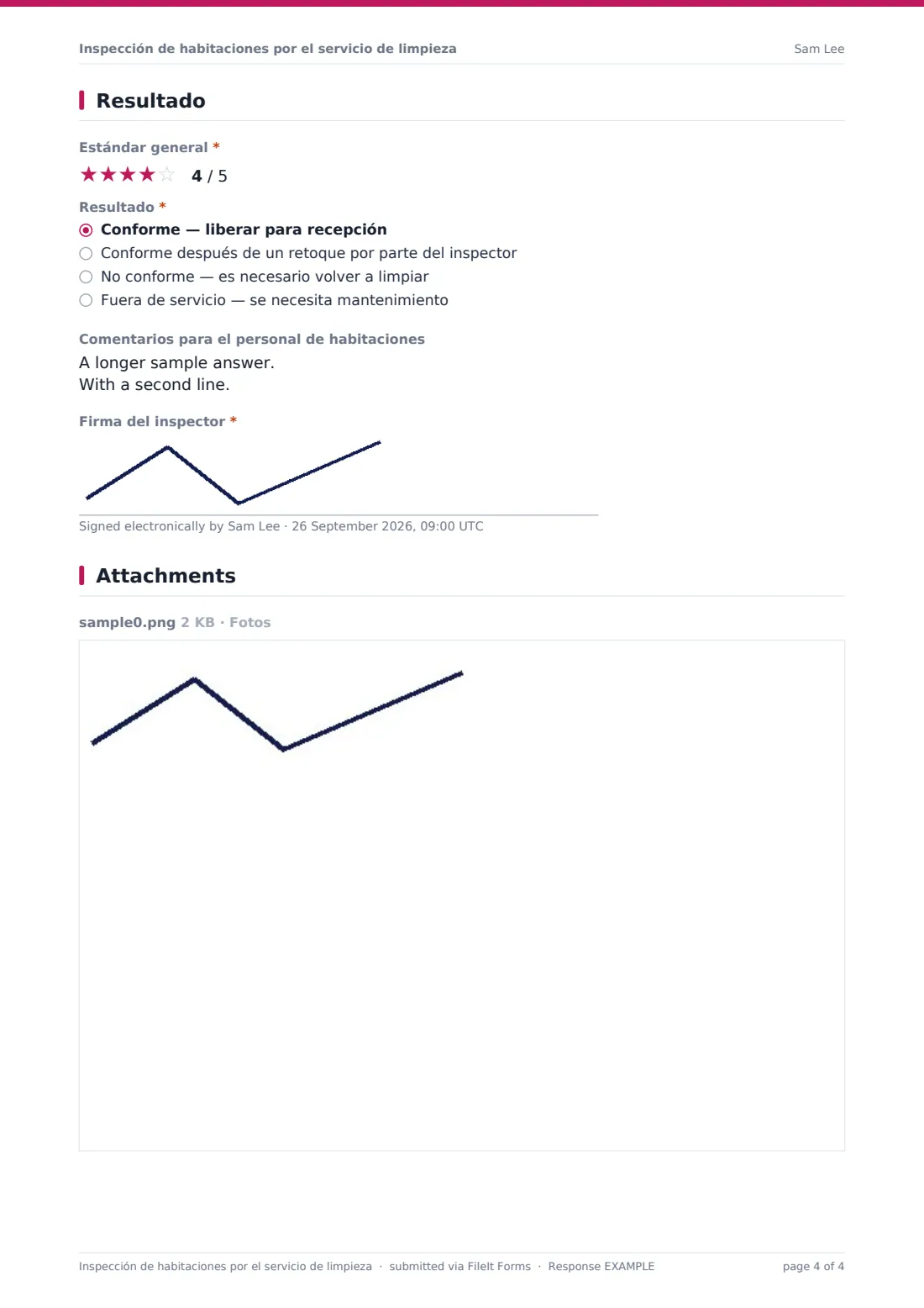 Inspección de habitaciones por el servicio de limpieza — PDF de respuesta de ejemplo, página 4 de 4
