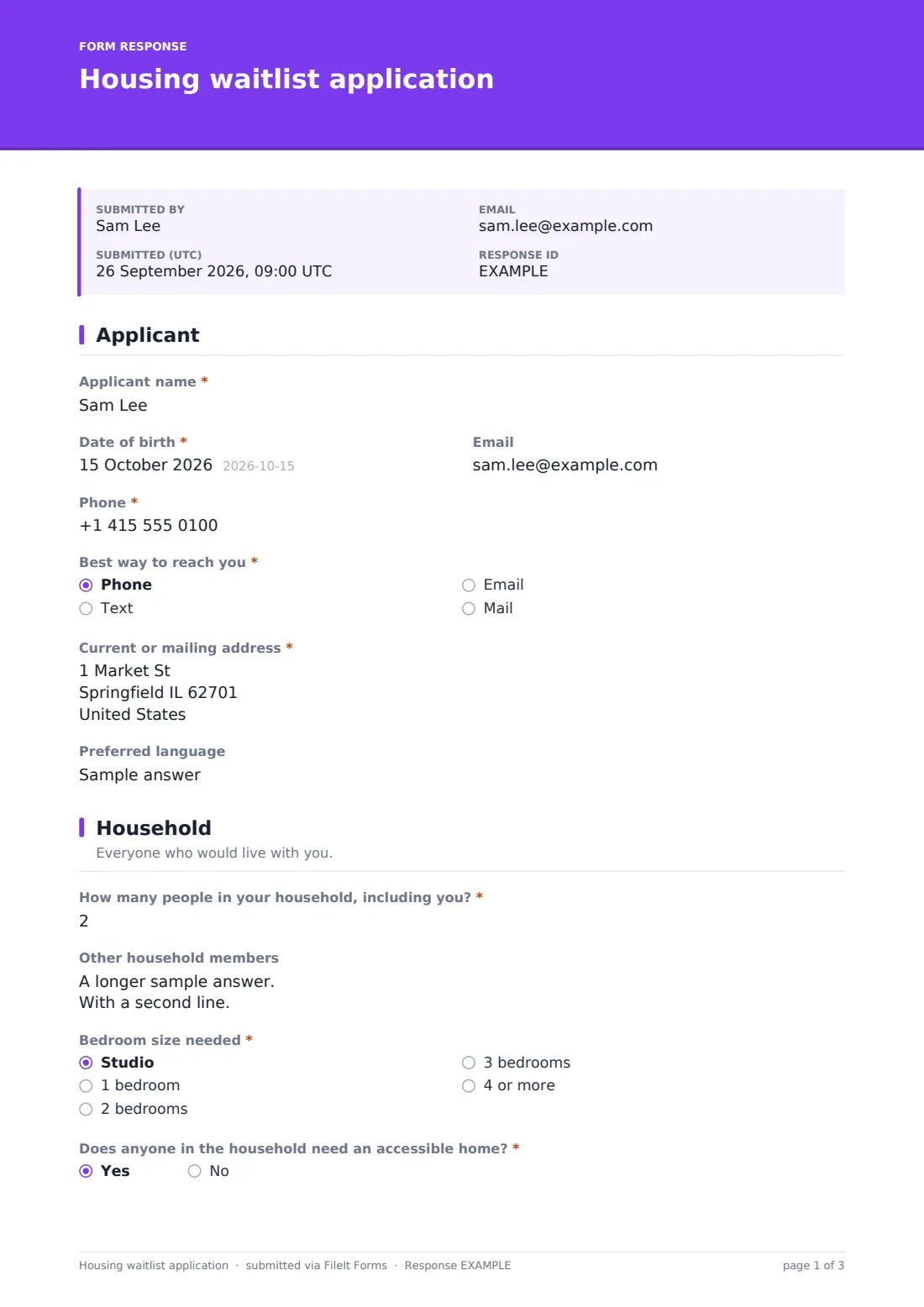 Housing waitlist application — example response PDF, page 1 of 3