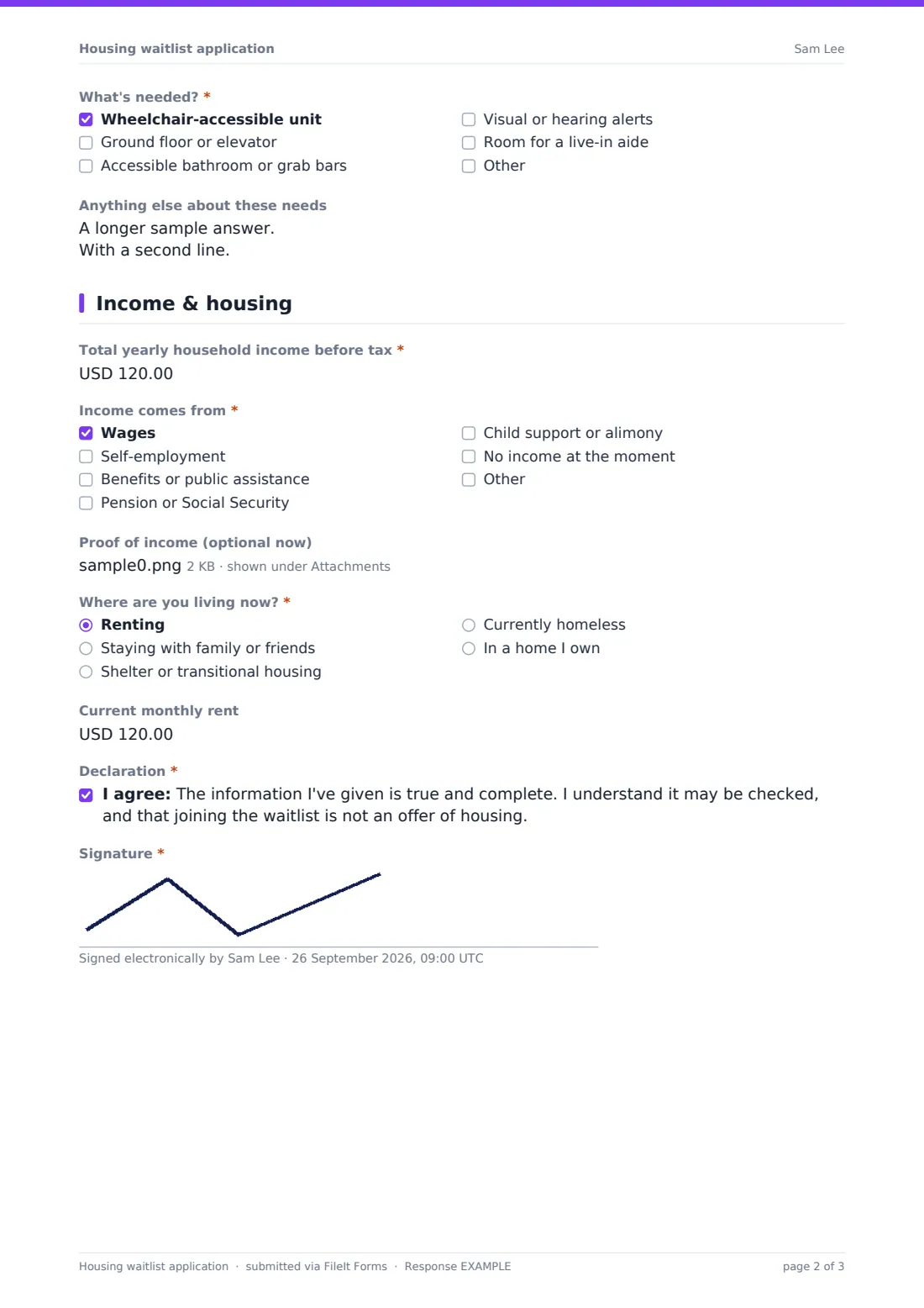 Housing waitlist application — example response PDF, page 2 of 3