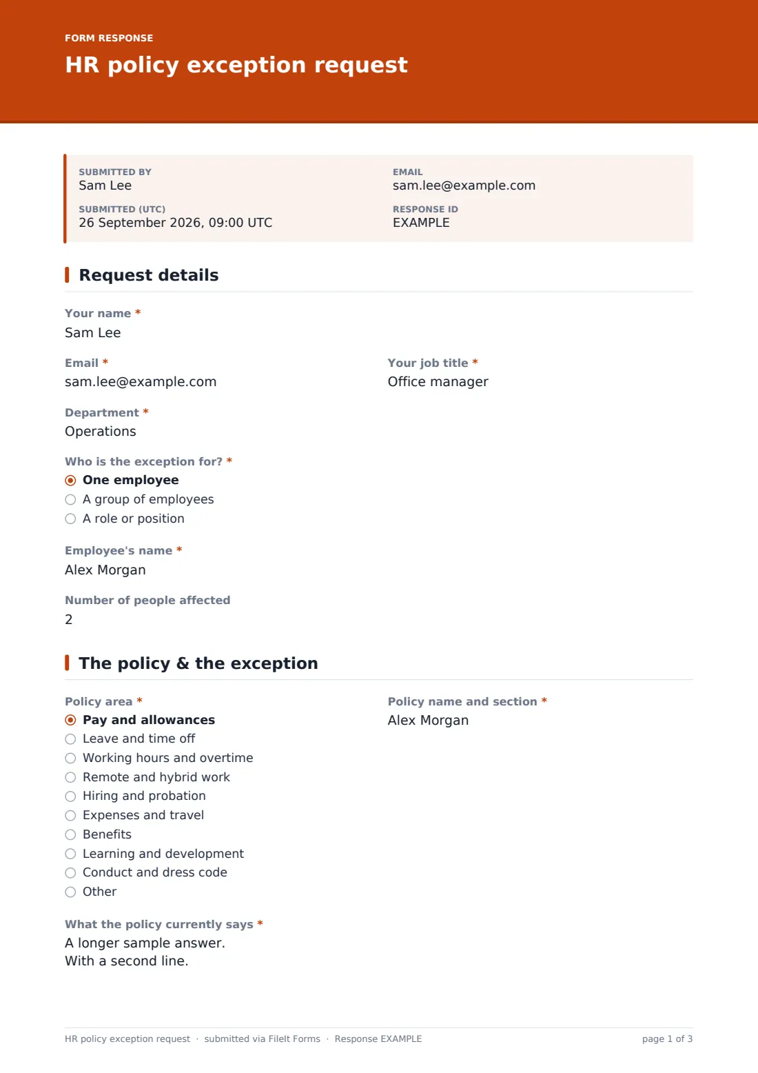 HR policy exception request — example response PDF, page 1 of 3