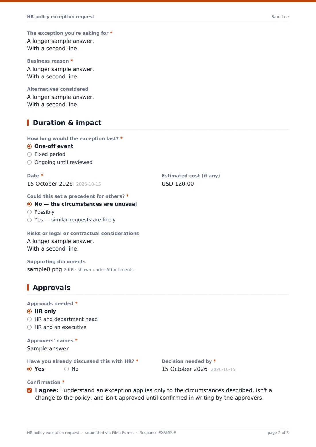 HR policy exception request — example response PDF, page 2 of 3