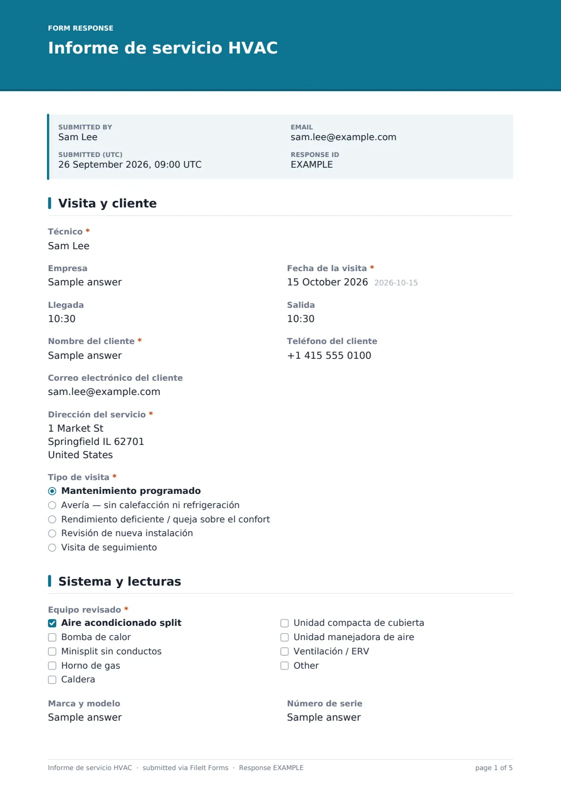 Informe de servicio HVAC — PDF de respuesta de ejemplo, página 1 de 5