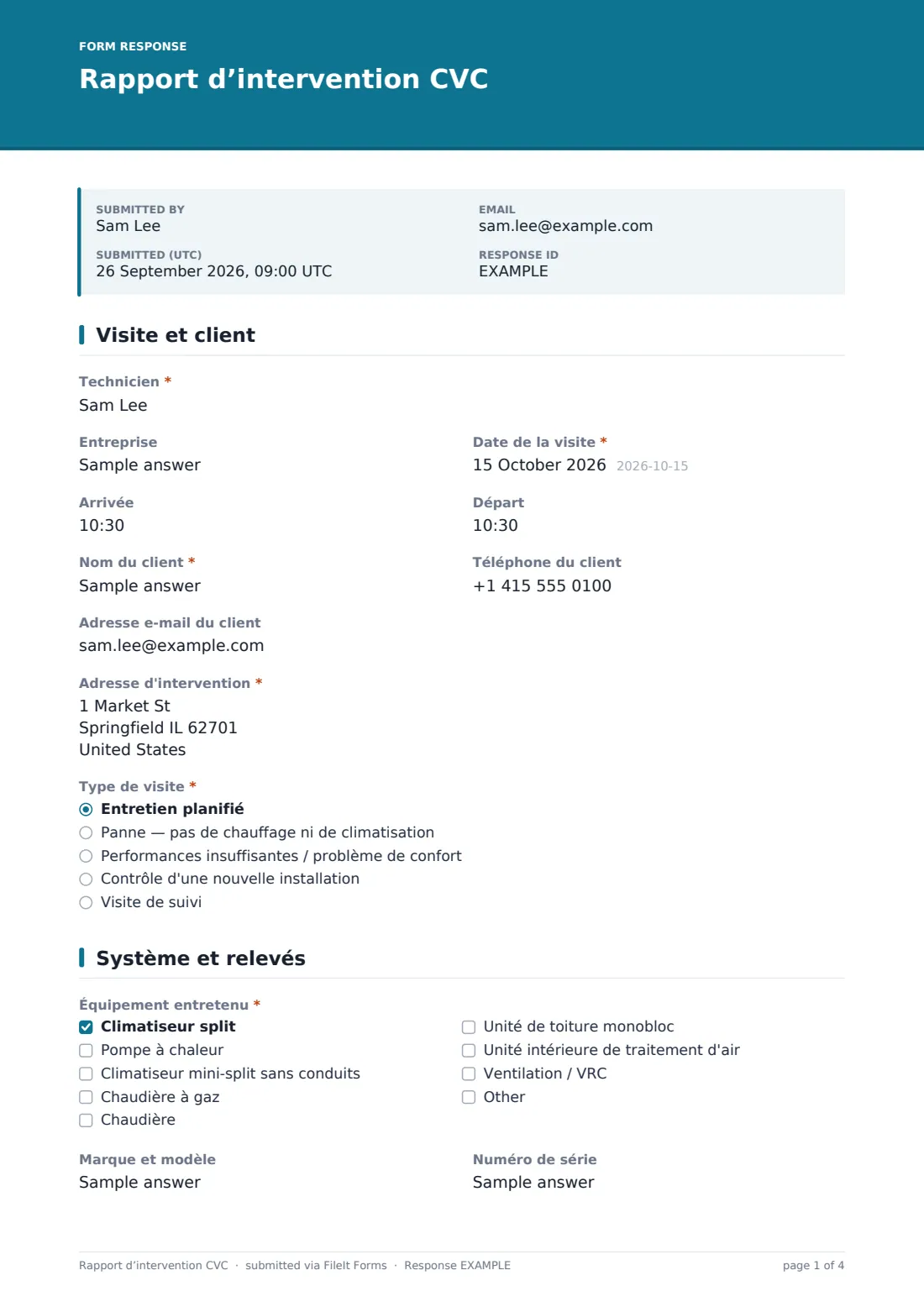 Rapport d’intervention CVC — exemple de réponse au format PDF, page 1 sur 4
