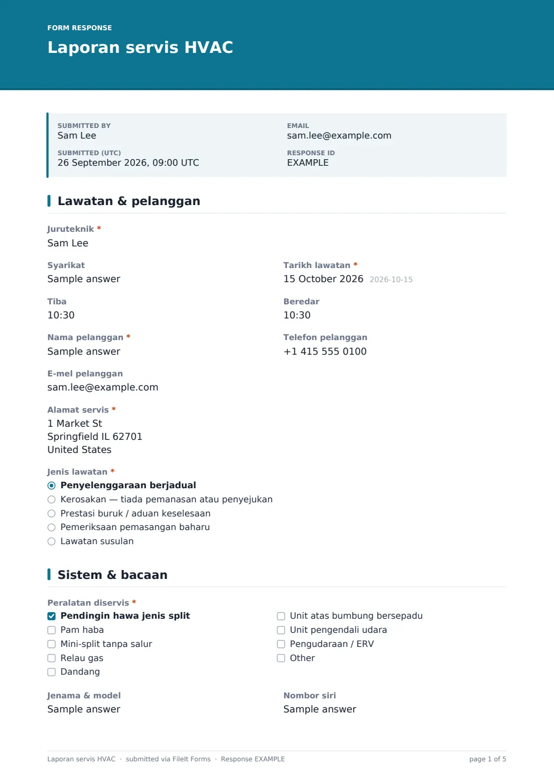 Laporan servis HVAC — PDF respons contoh, halaman 1 daripada 5