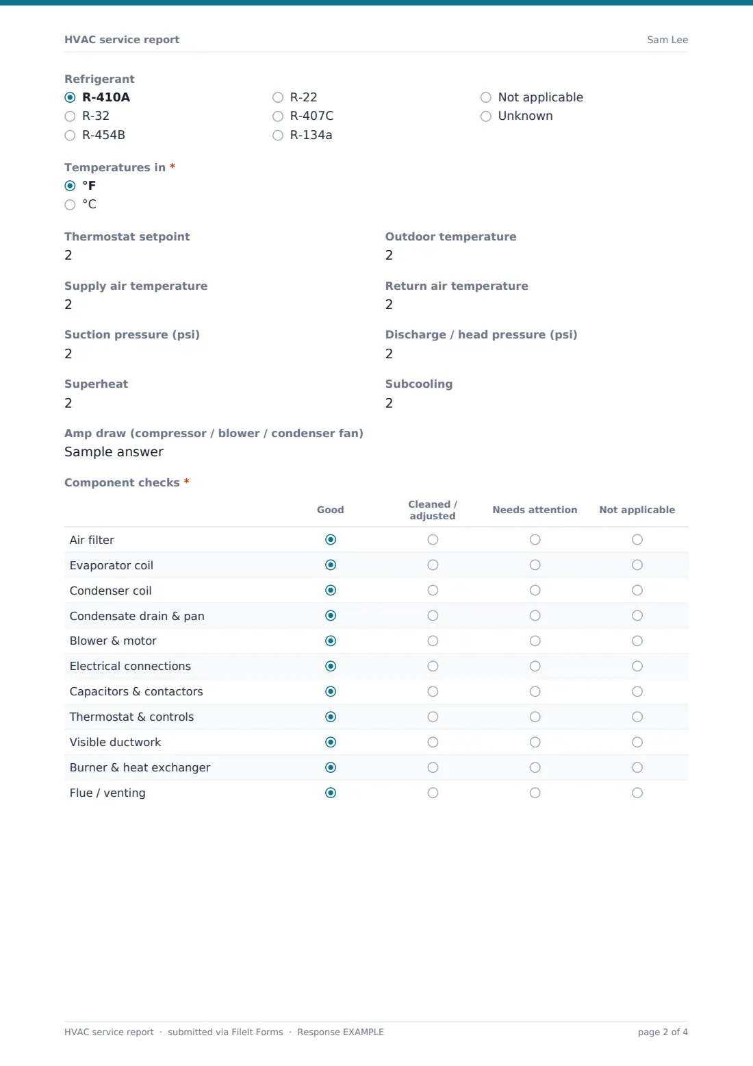 HVAC service report — example response PDF, page 2 of 4