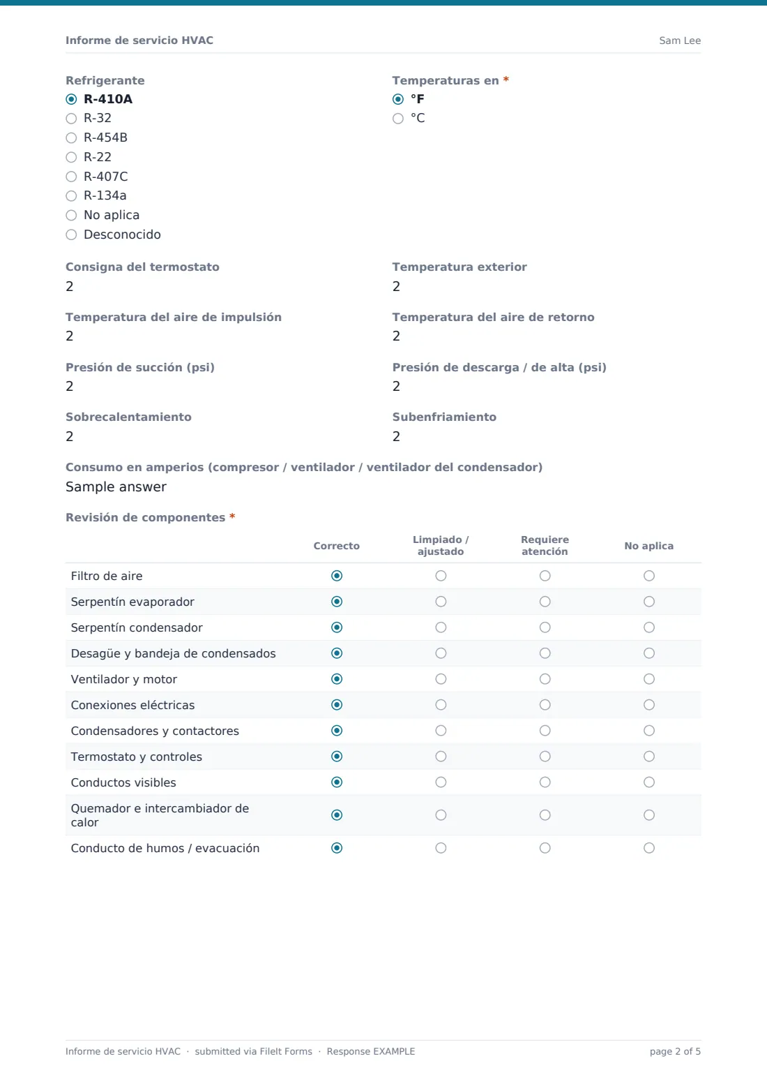 Informe de servicio HVAC — PDF de respuesta de ejemplo, página 2 de 5
