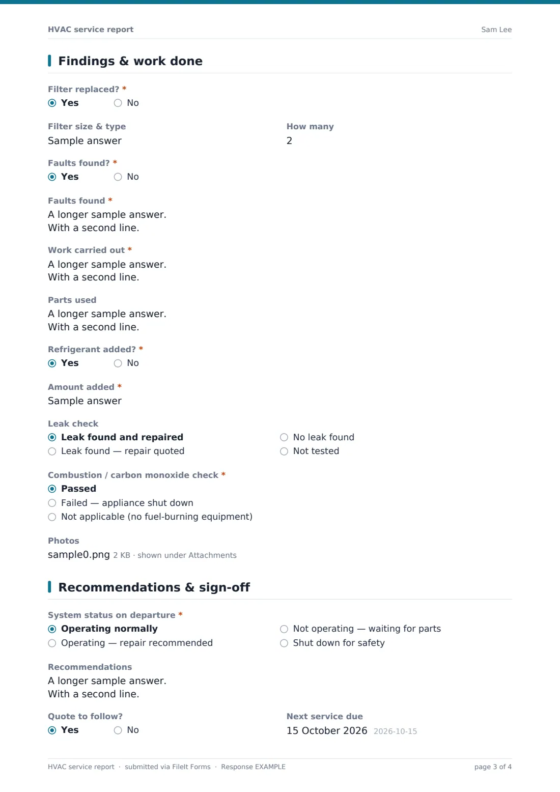 HVAC service report — example response PDF, page 3 of 4