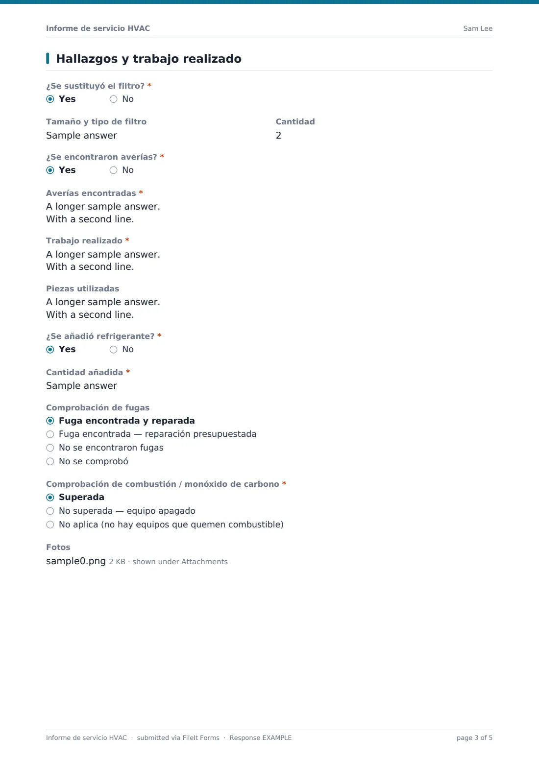 Informe de servicio HVAC — PDF de respuesta de ejemplo, página 3 de 5