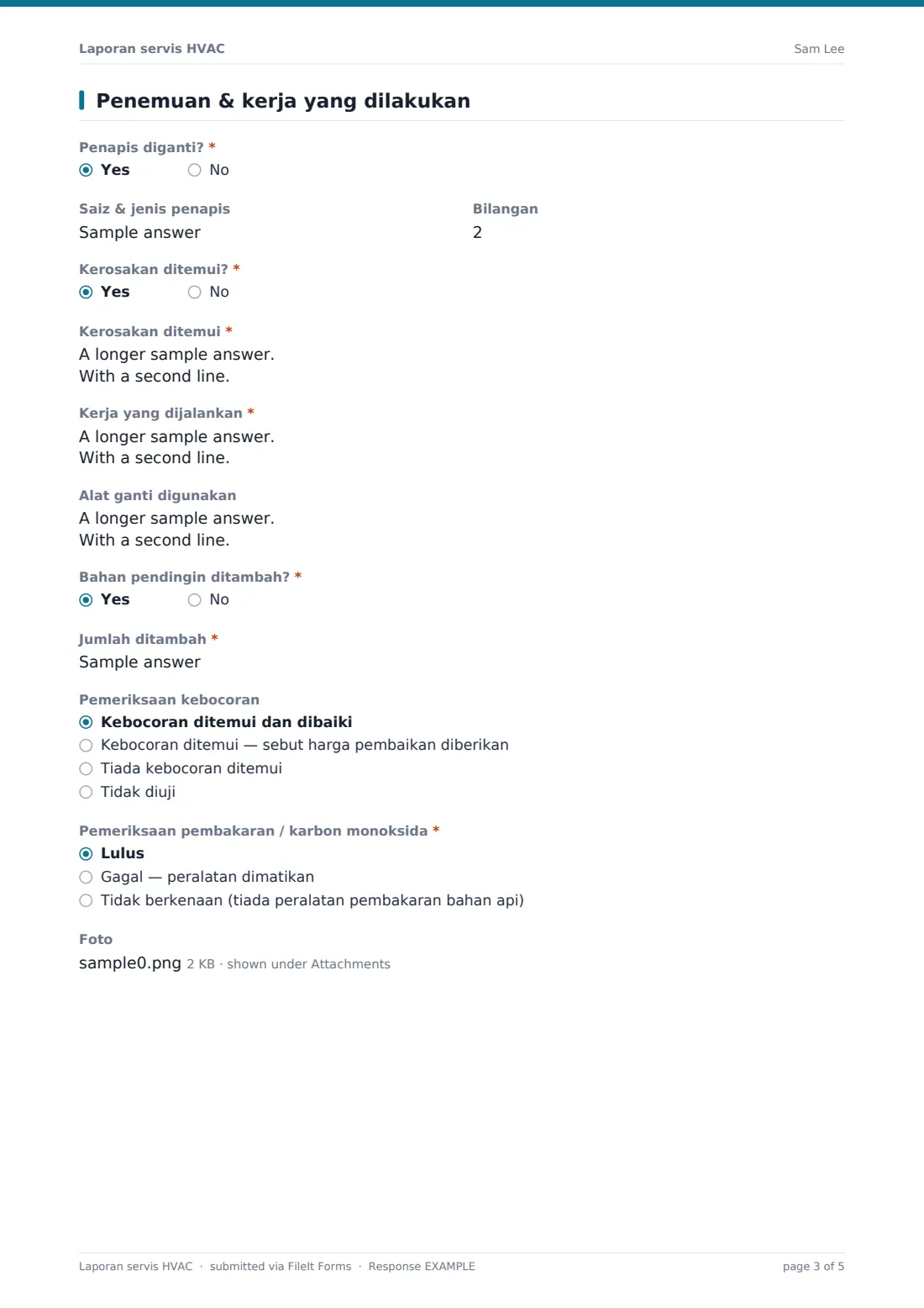 Laporan servis HVAC — PDF respons contoh, halaman 3 daripada 5