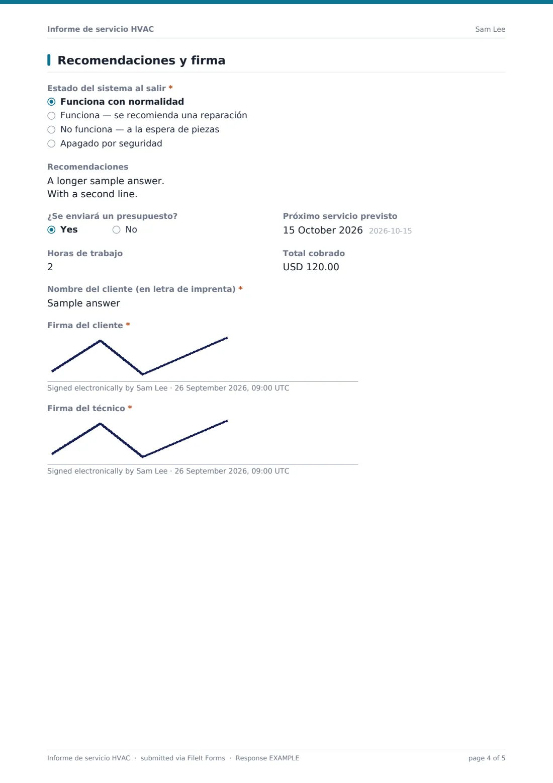 Informe de servicio HVAC — PDF de respuesta de ejemplo, página 4 de 5