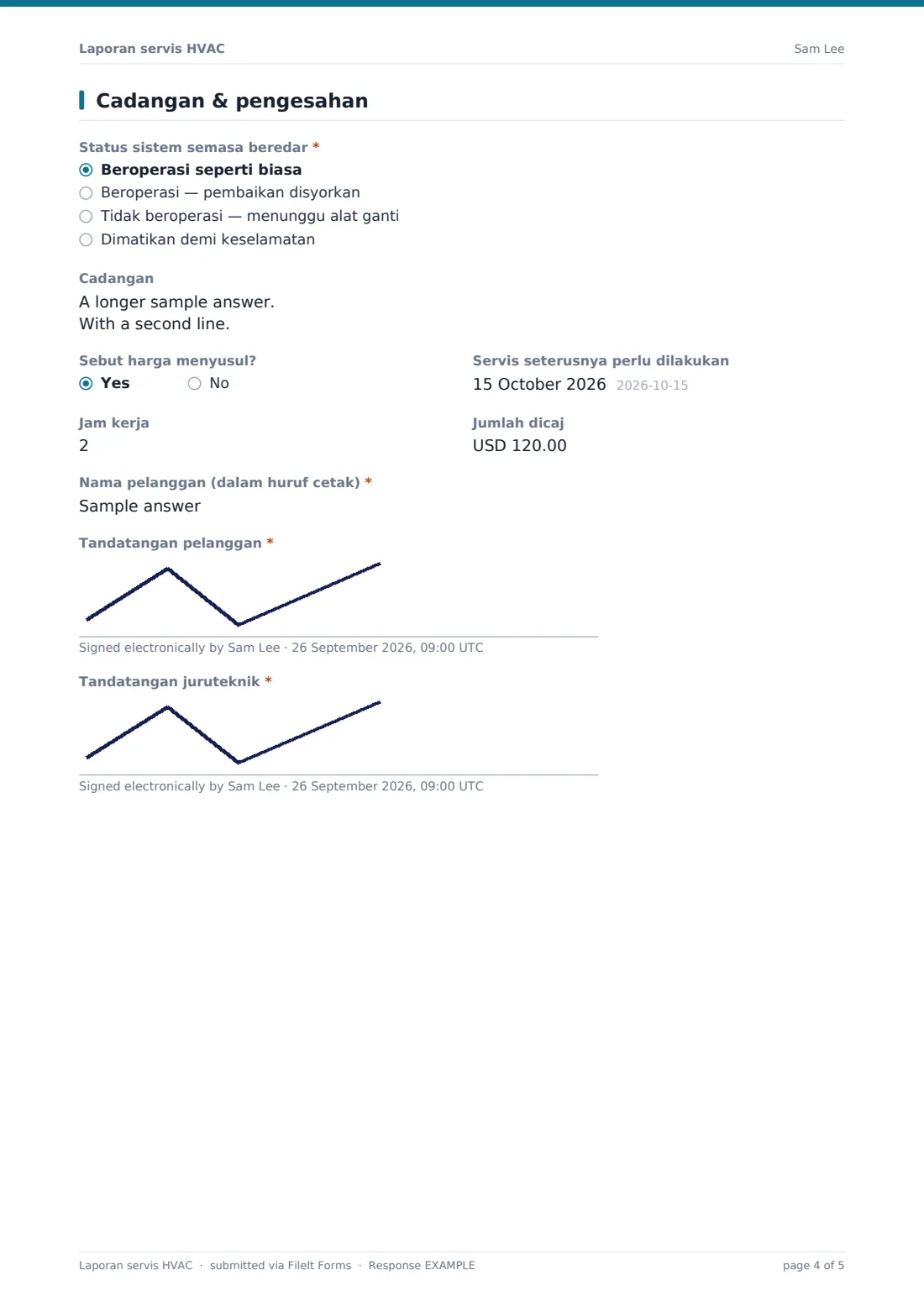 Laporan servis HVAC — PDF respons contoh, halaman 4 daripada 5