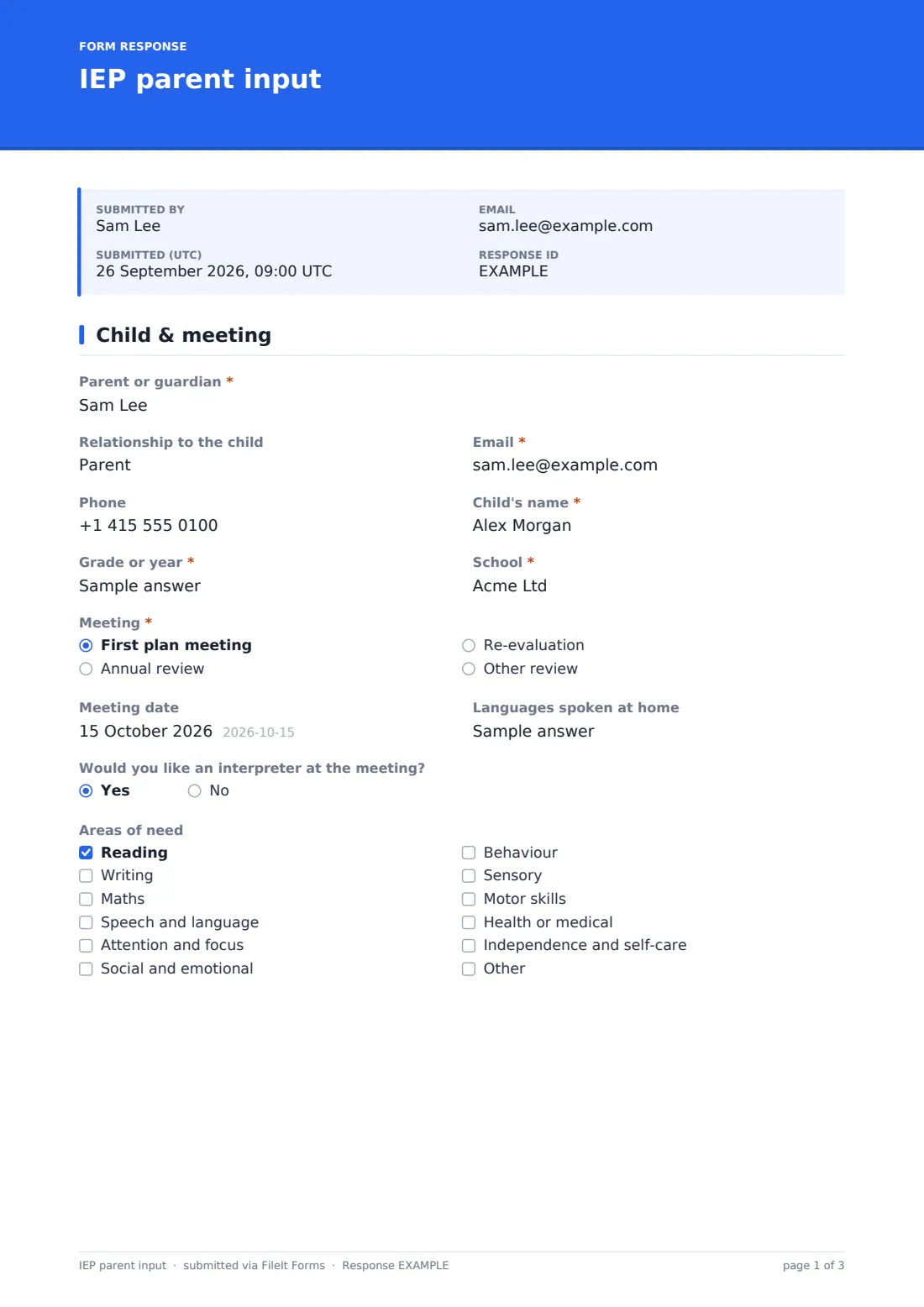 IEP parent input — example response PDF, page 1 of 3