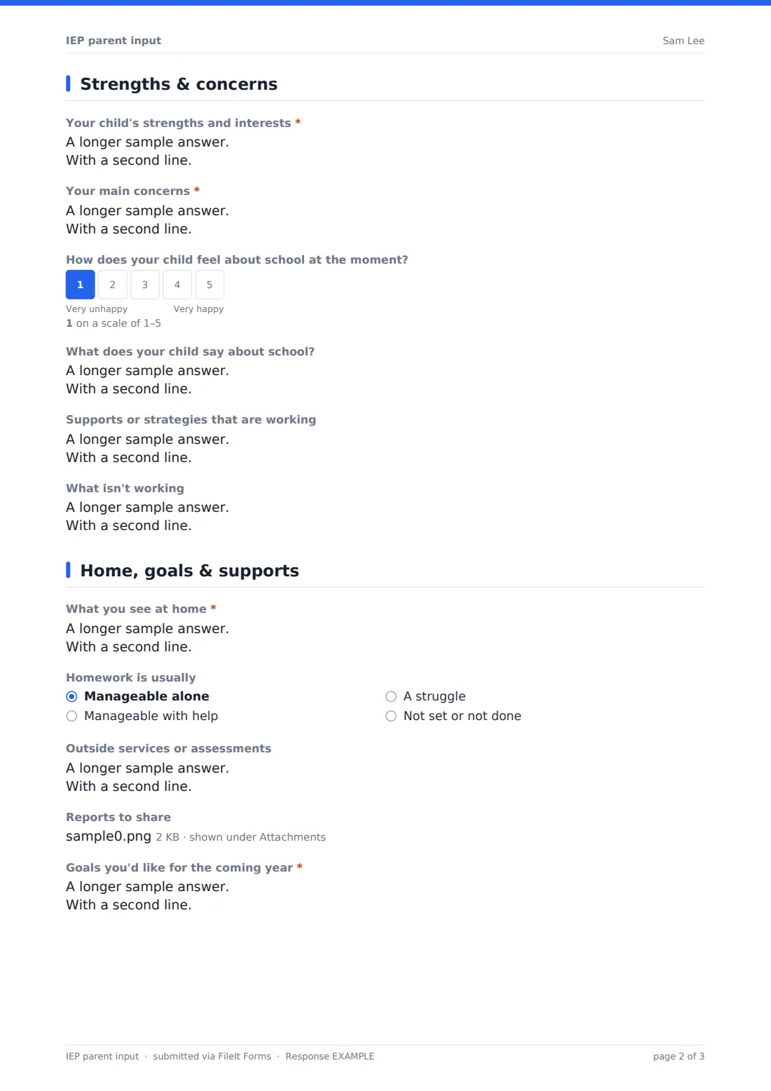 IEP parent input — example response PDF, page 2 of 3