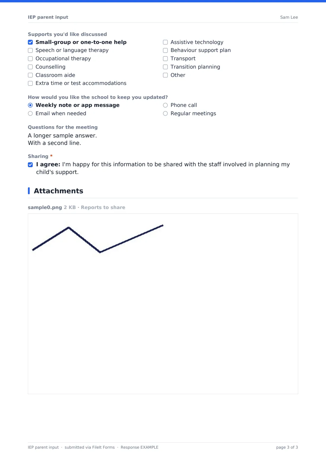 IEP parent input — example response PDF, page 3 of 3