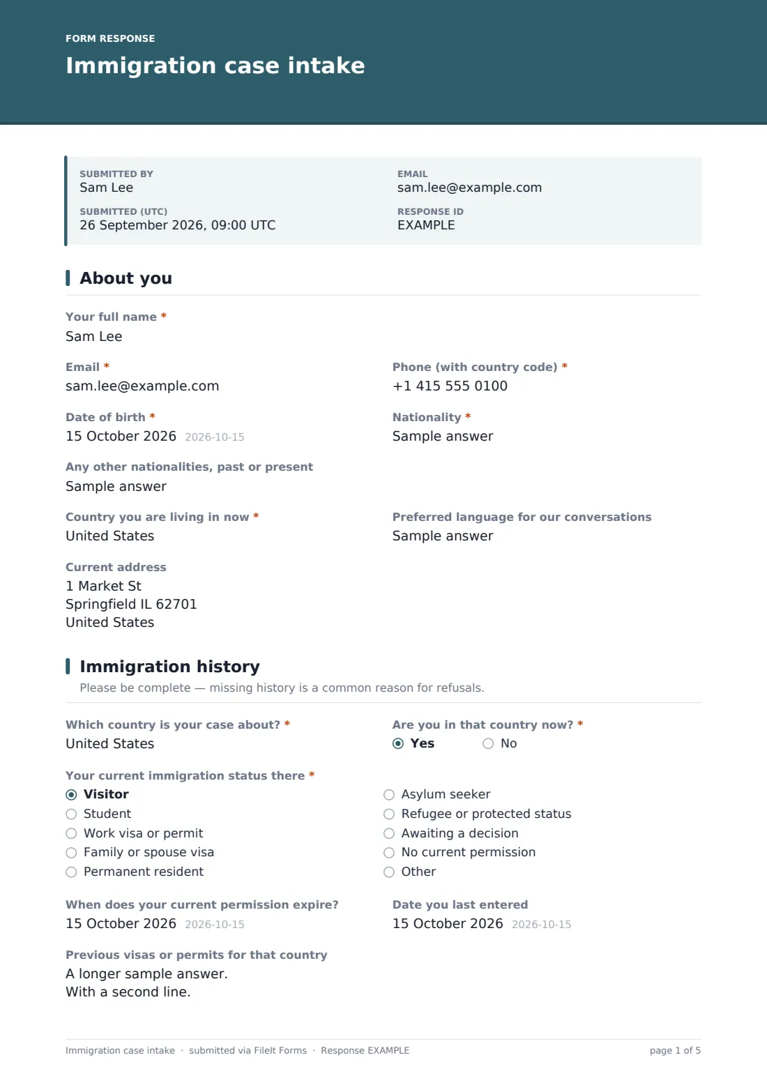 Immigration case intake — example response PDF, page 1 of 5