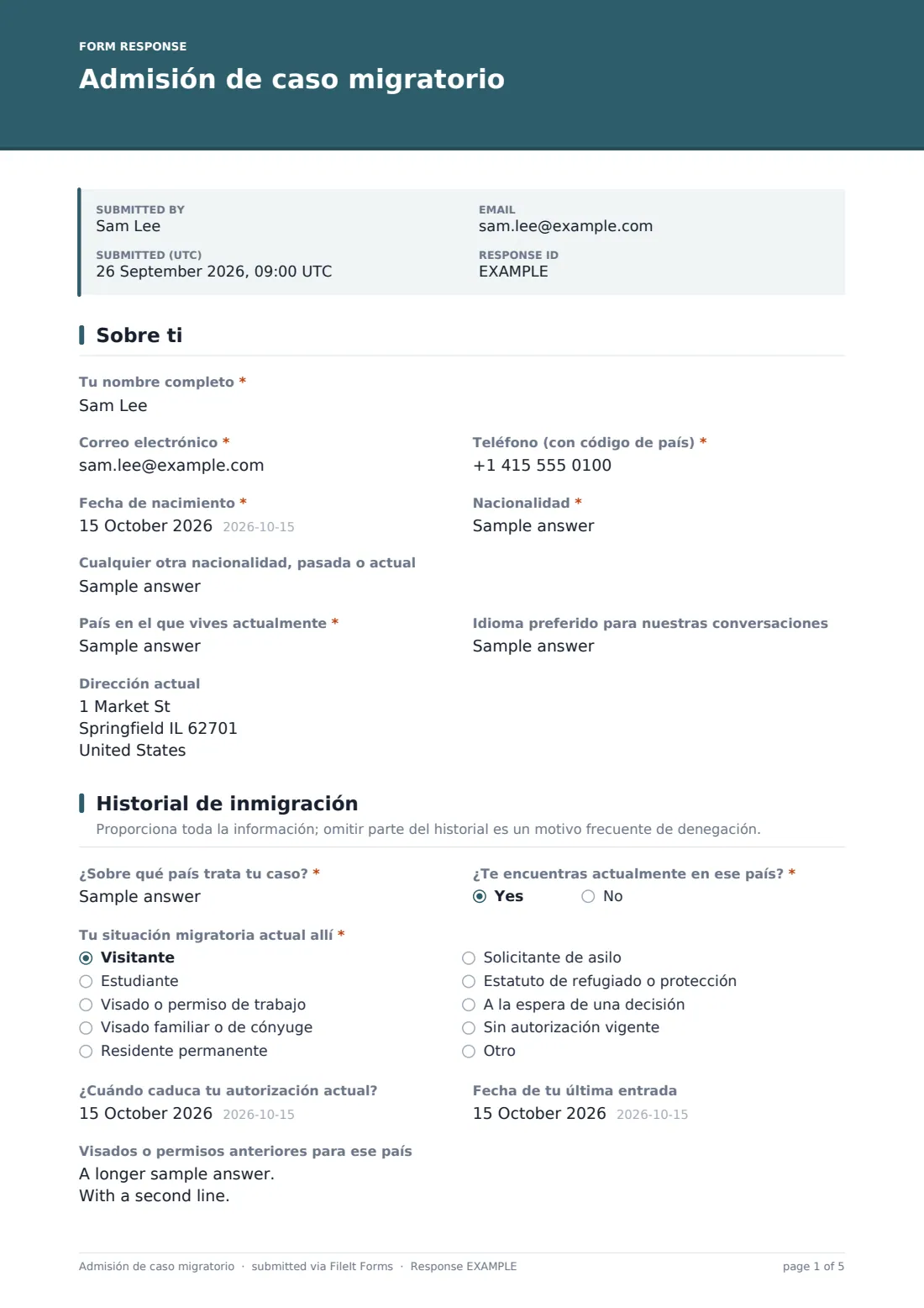 Admisión de caso migratorio — PDF de respuesta de ejemplo, página 1 de 5