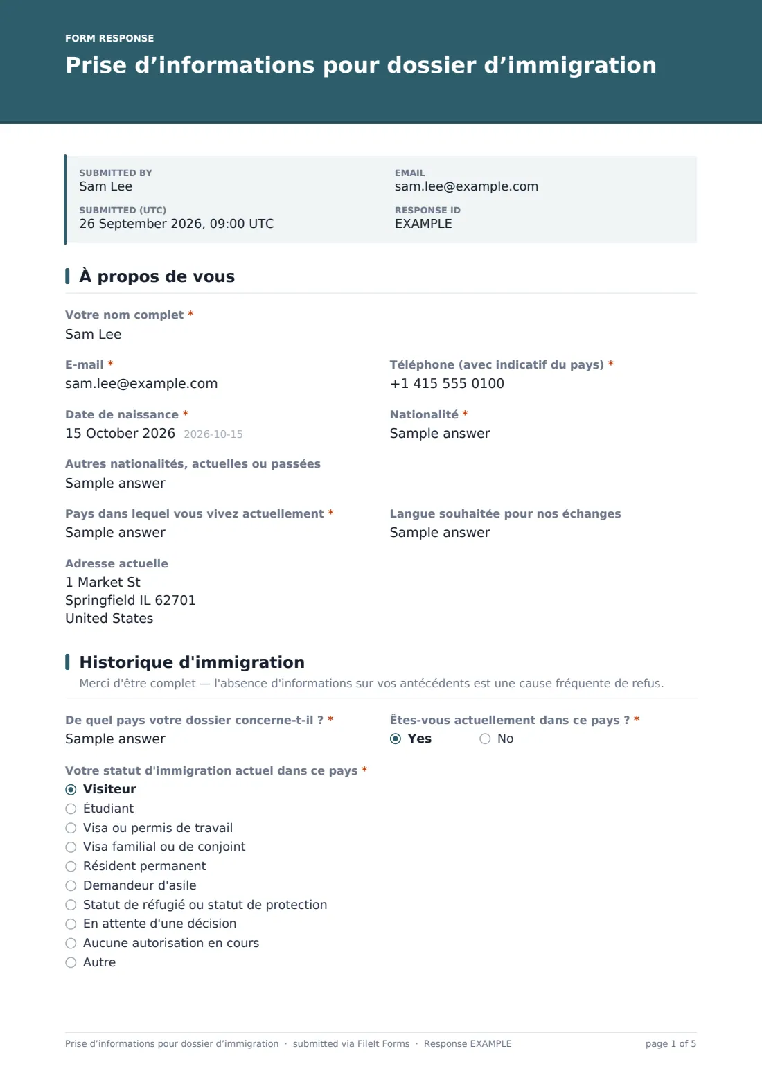 Prise d’informations pour dossier d’immigration — exemple de réponse au format PDF, page 1 sur 5
