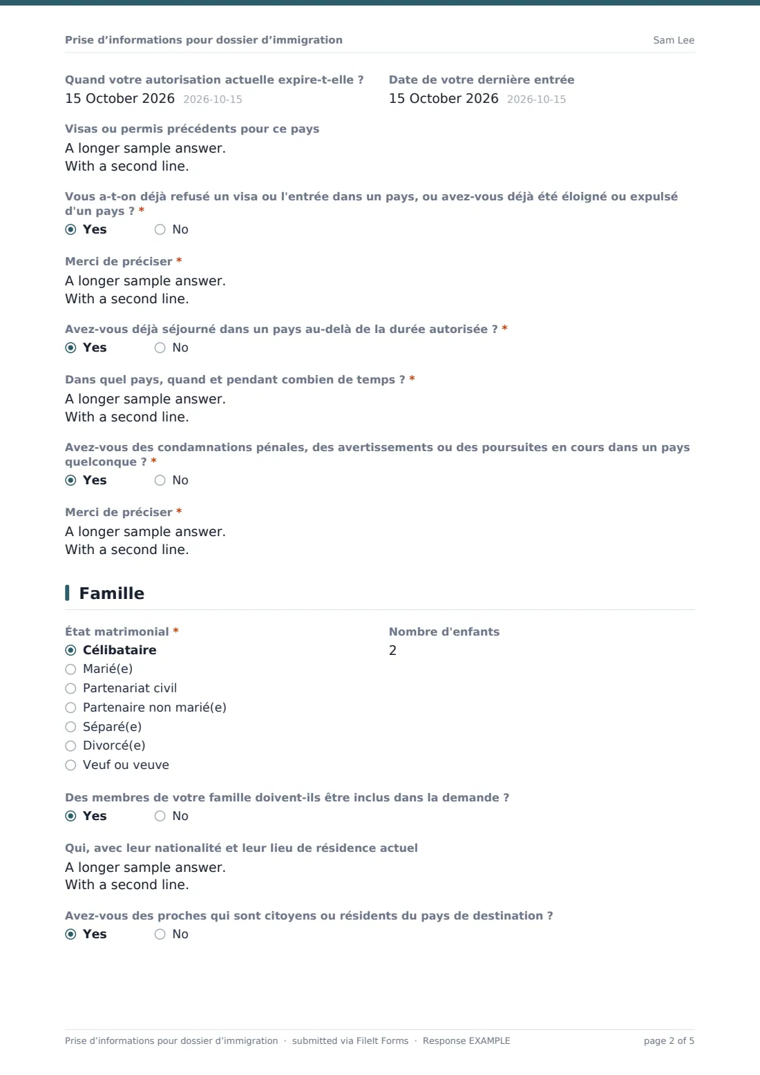 Prise d’informations pour dossier d’immigration — exemple de réponse au format PDF, page 2 sur 5