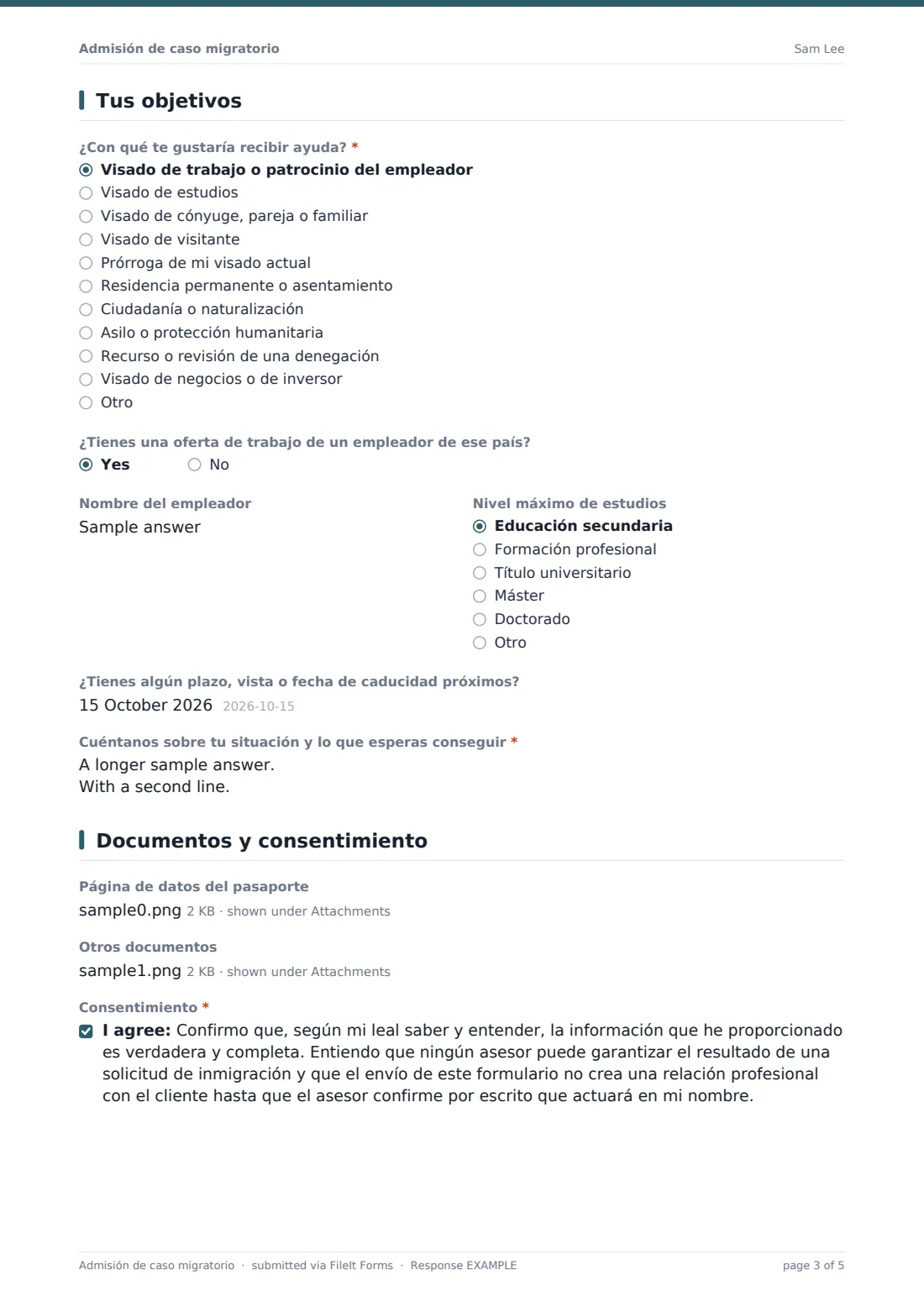 Admisión de caso migratorio — PDF de respuesta de ejemplo, página 3 de 5