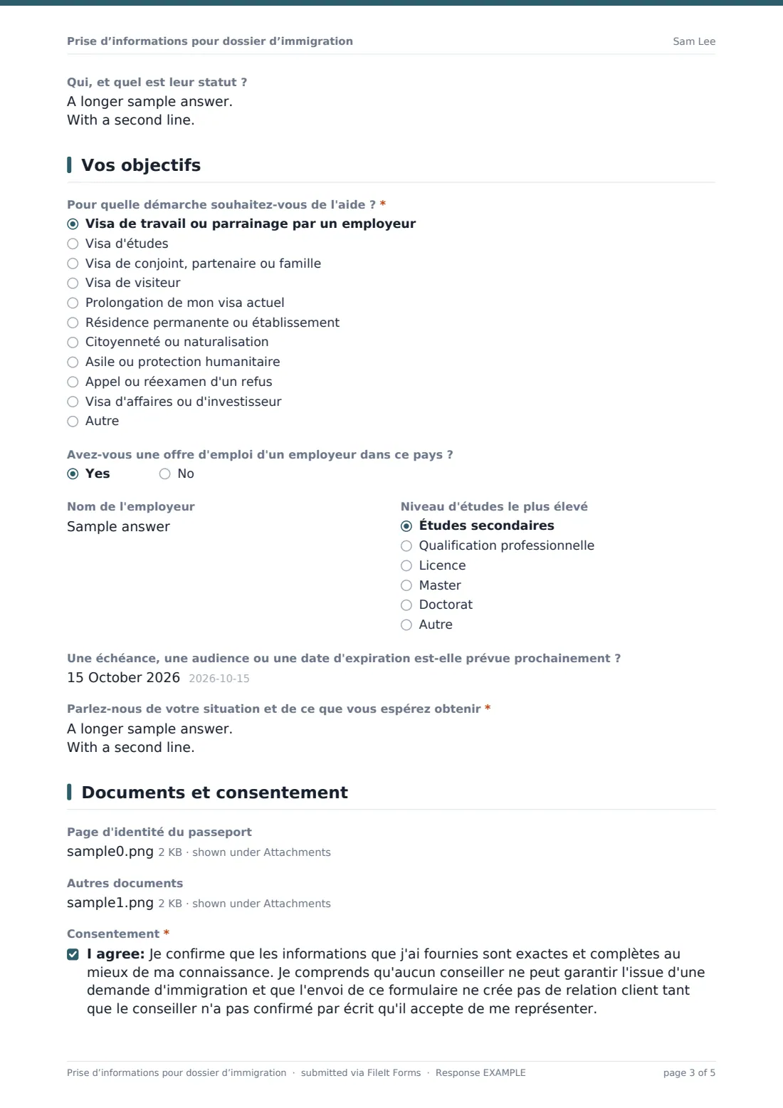 Prise d’informations pour dossier d’immigration — exemple de réponse au format PDF, page 3 sur 5
