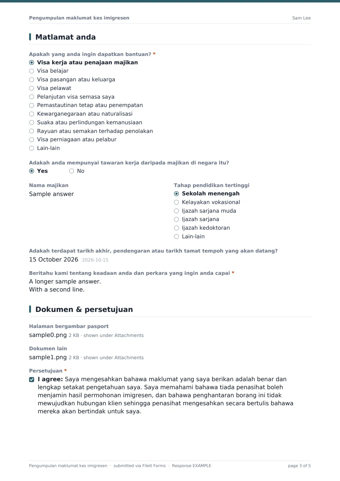 Pengumpulan maklumat kes imigresen — PDF respons contoh, halaman 3 daripada 5