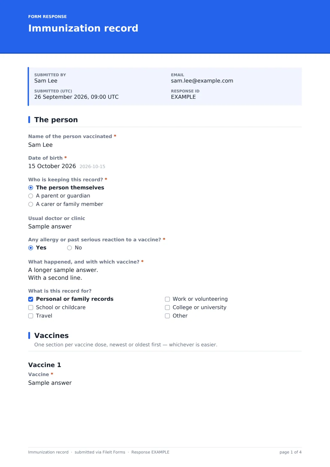 Immunization record — example response PDF, page 1 of 4