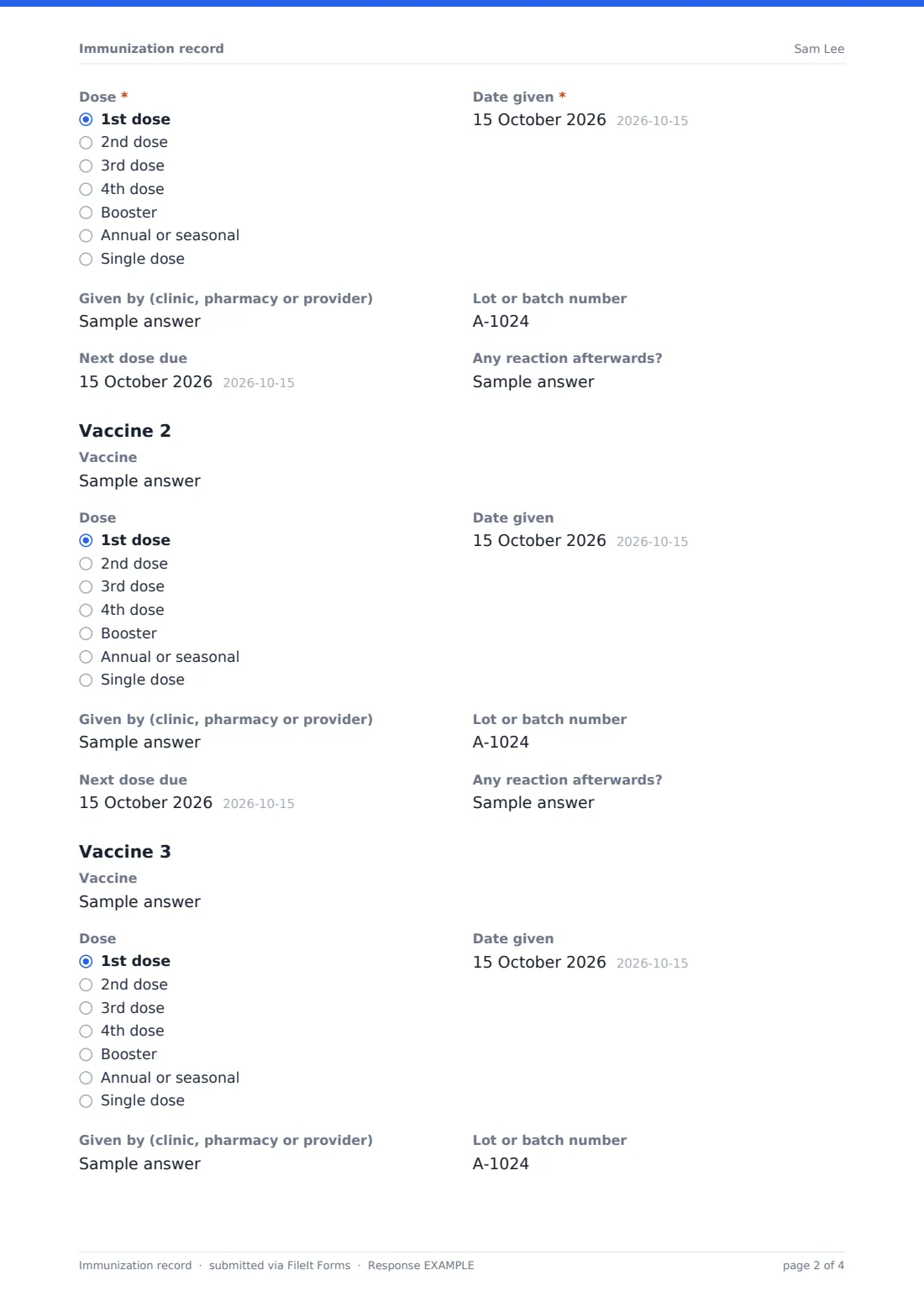 Immunization record — example response PDF, page 2 of 4