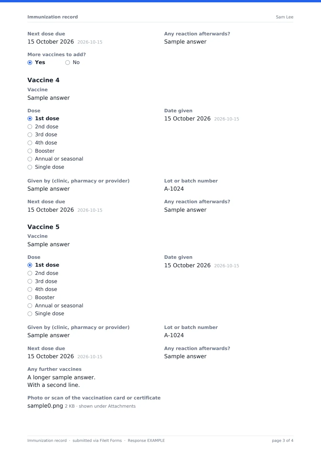 Immunization record — example response PDF, page 3 of 4