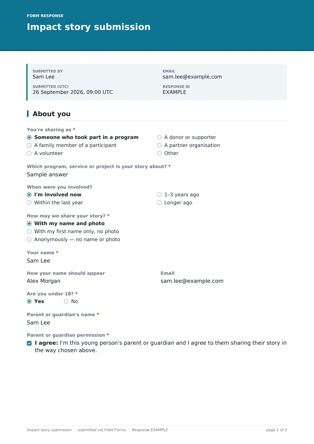 Impact story submission — example response PDF, page 1 of 3