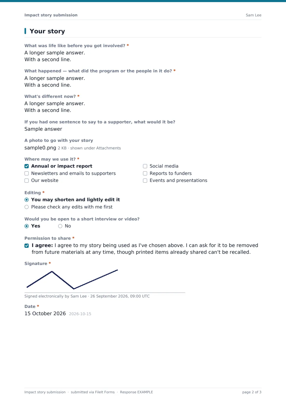 Impact story submission — example response PDF, page 2 of 3