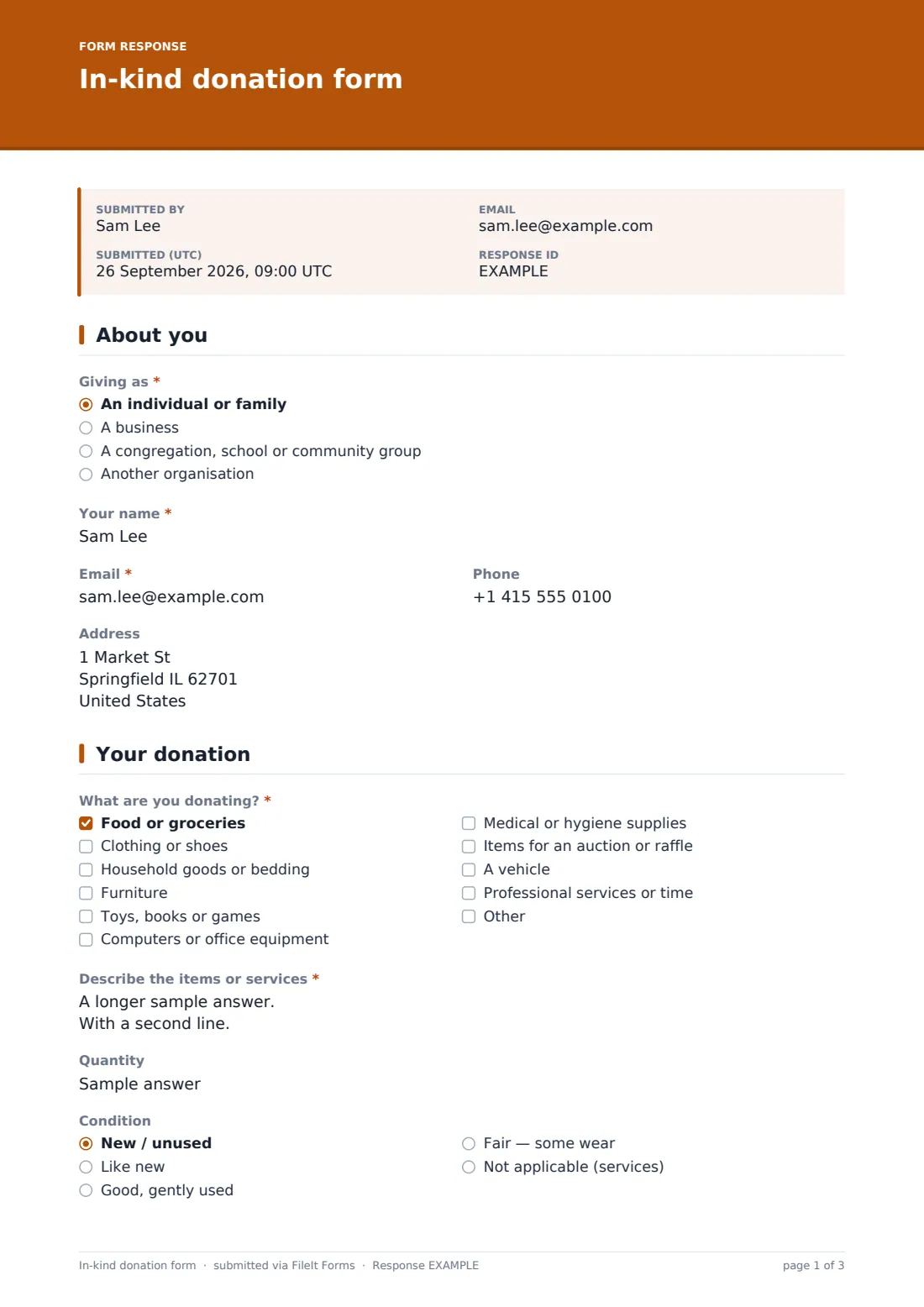 In-kind donation form — example response PDF, page 1 of 3