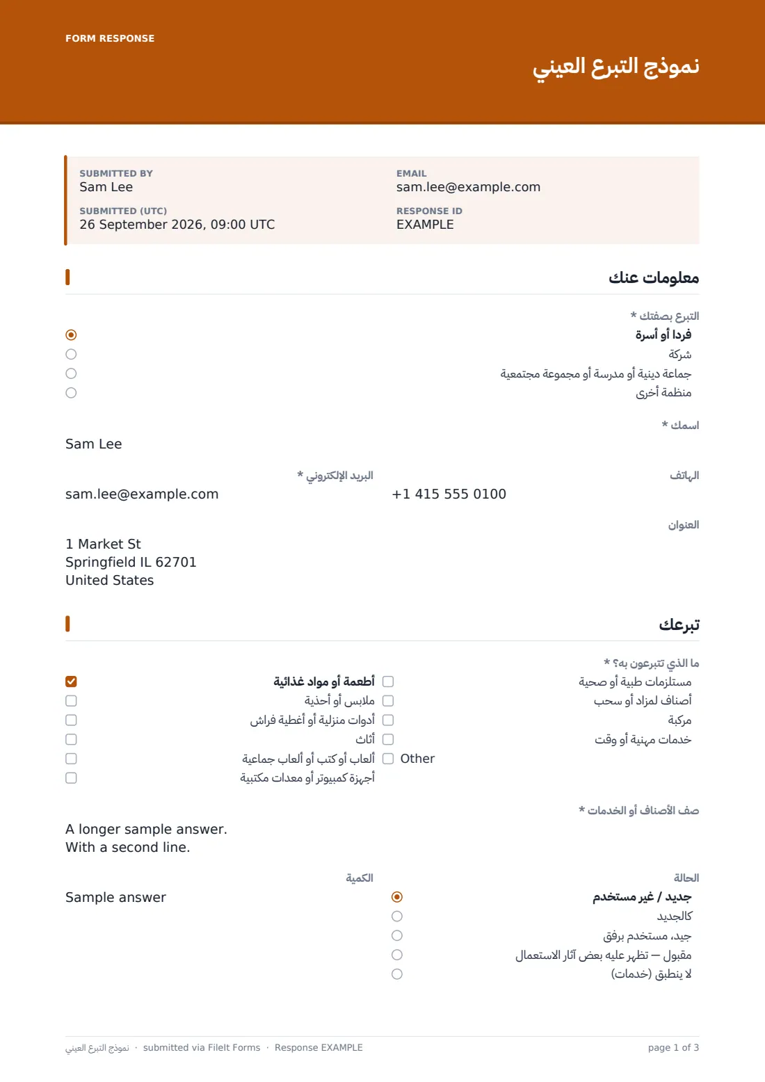 نموذج التبرع العيني — ملف PDF لرد نموذجي، الصفحة 1 من 3