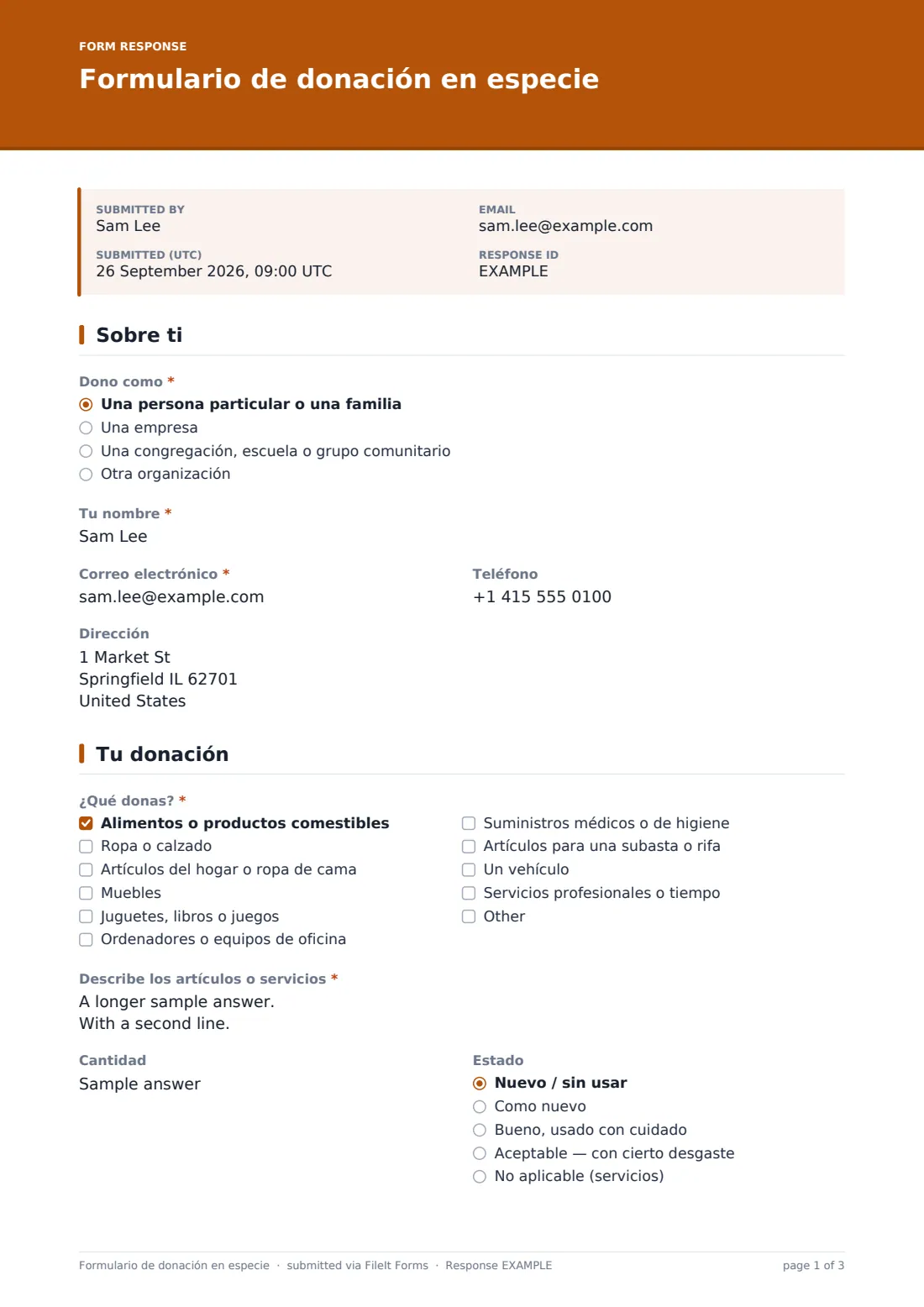 Formulario de donación en especie — PDF de respuesta de ejemplo, página 1 de 3