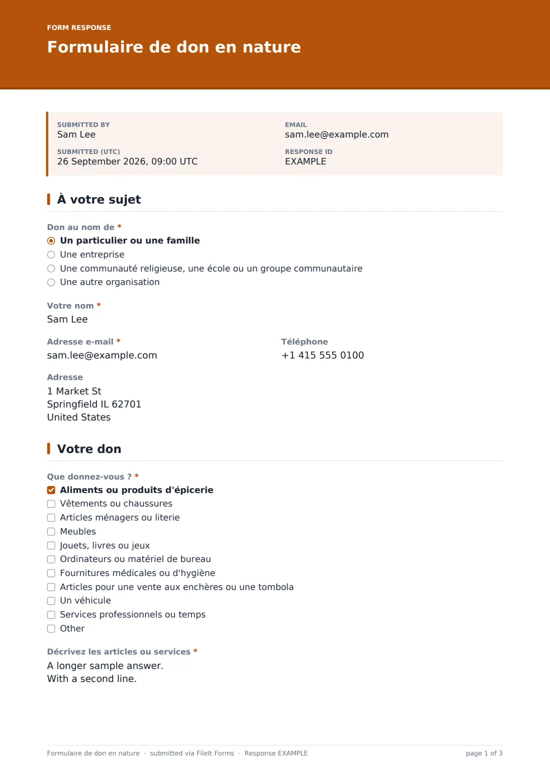 Formulaire de don en nature — exemple de réponse au format PDF, page 1 sur 3