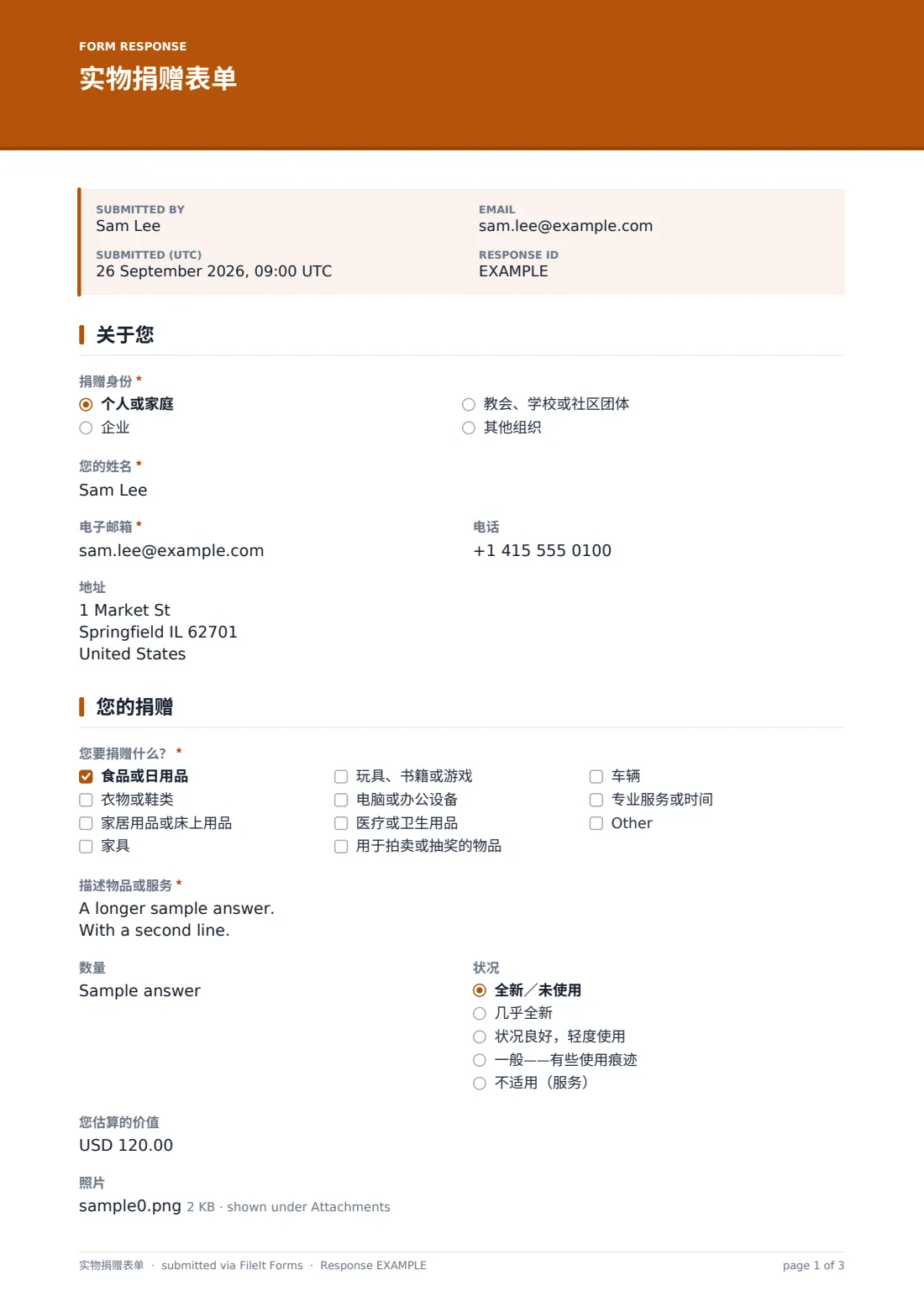 实物捐赠表单 — 示例回复 PDF，第 1 页，共 3 页