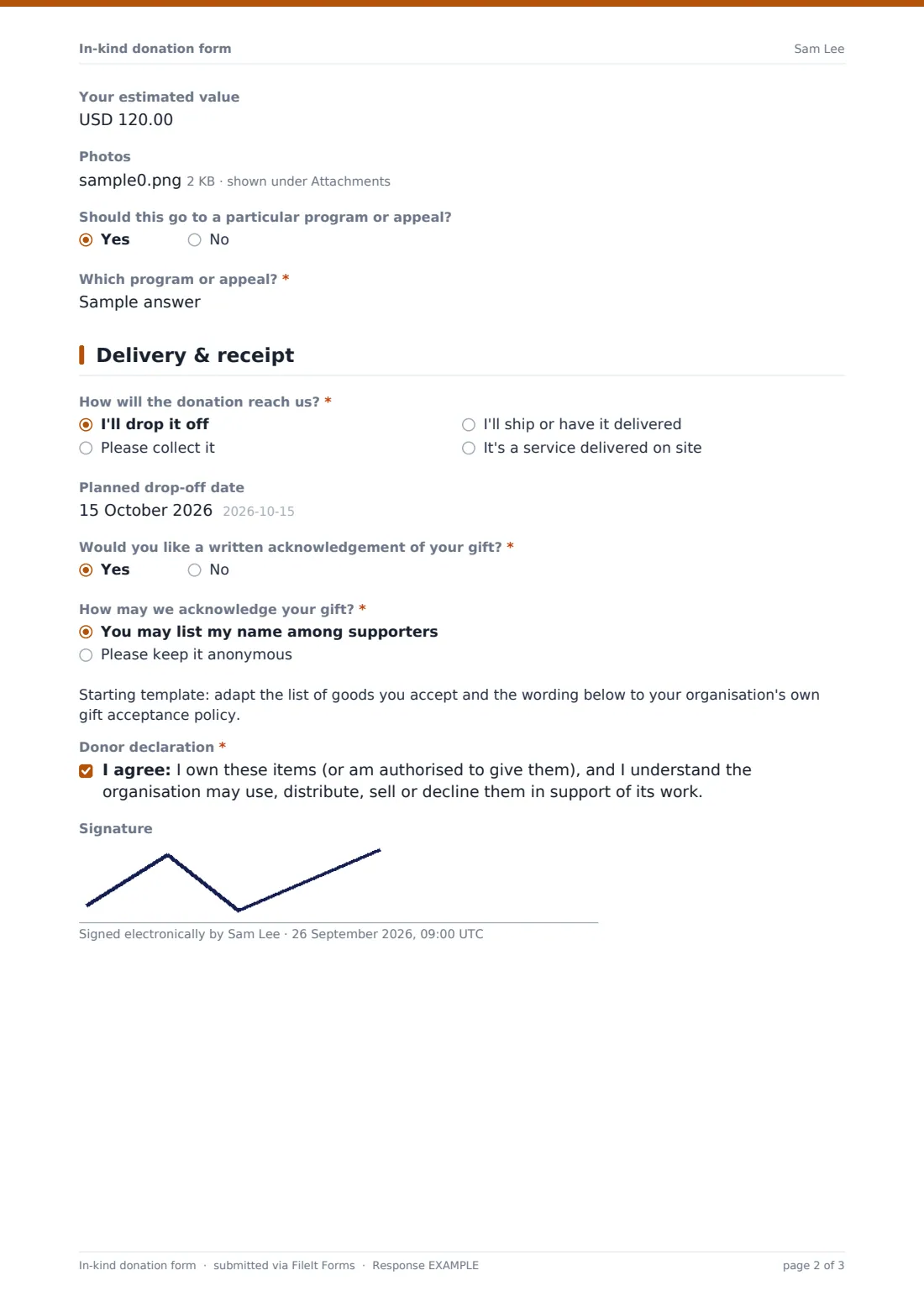 In-kind donation form — example response PDF, page 2 of 3